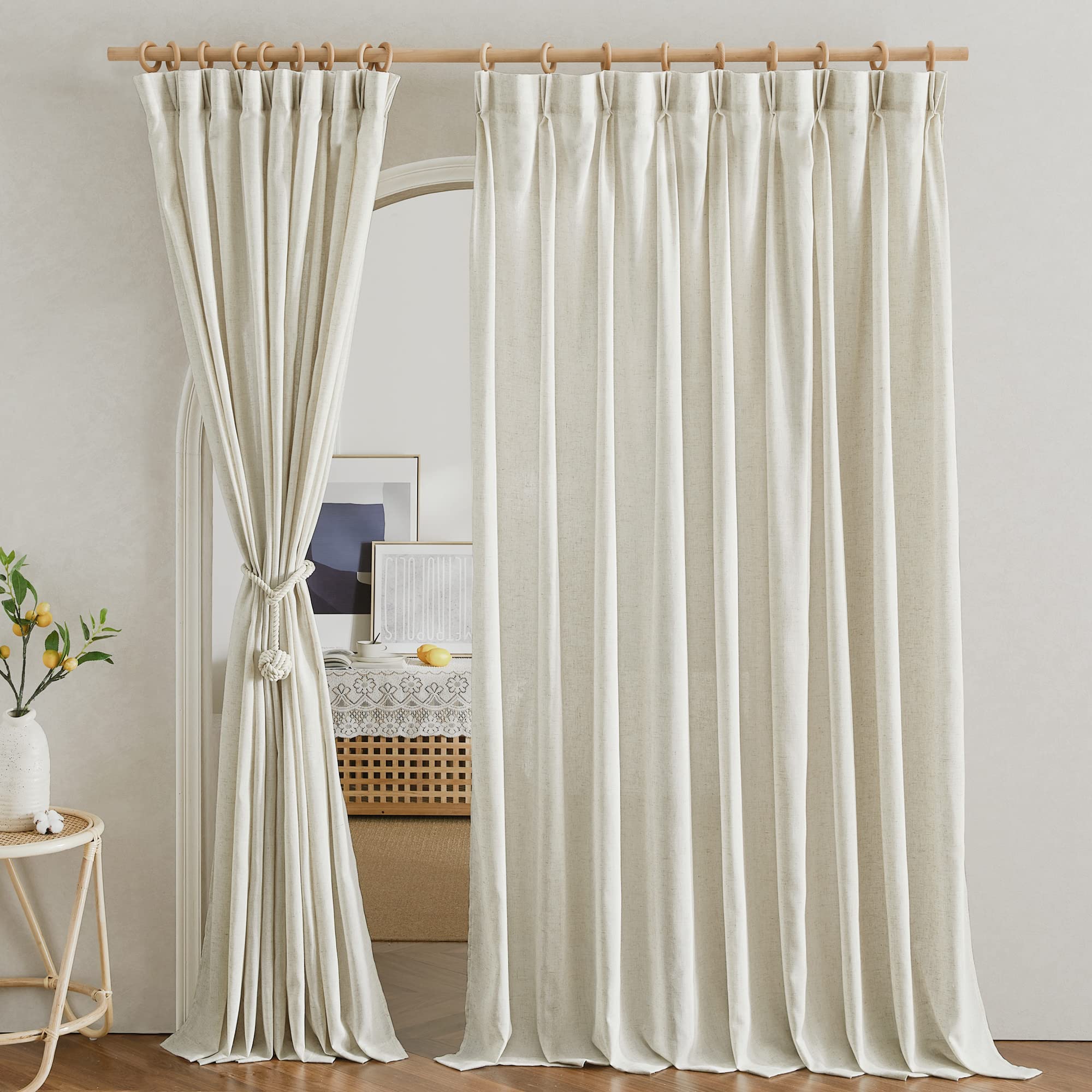 NICETOWN Thick Linen Curtains 84 inch Length 2 Panels, Pinch Pleated Curtains Linen Blend Semi Sheer Window Drapes with Light Filtering for Living Room/Bedroom, Natural, W34 x L84