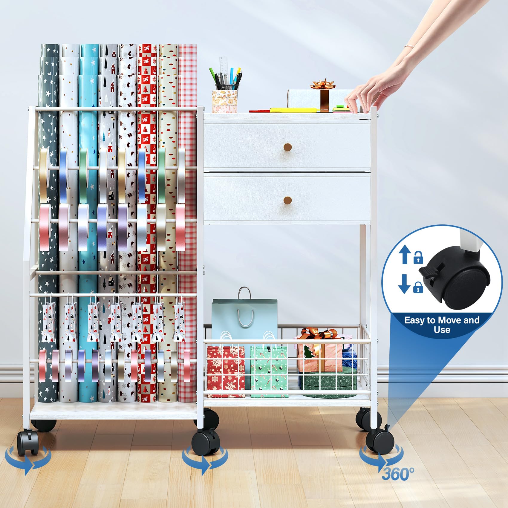 TC-HOMENY Geschenkpapier-Organizer mit Rädern, Blaudruck