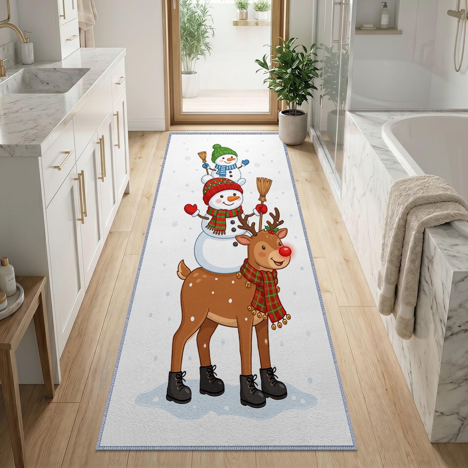 Renne Mignon Dessin Animé Noël Tapis Couloir Lavable en Machine 80x240cm