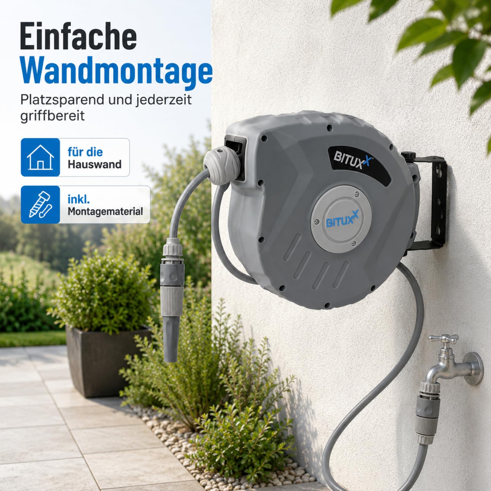 Bituxx Wand Wasser Schlauchtrommel Schlauchaufroller Wasserschlauchaufroller Schlauchbox Automatik (10 m) | Wasserschlauchaufroller, Schlauchbox, Automatik