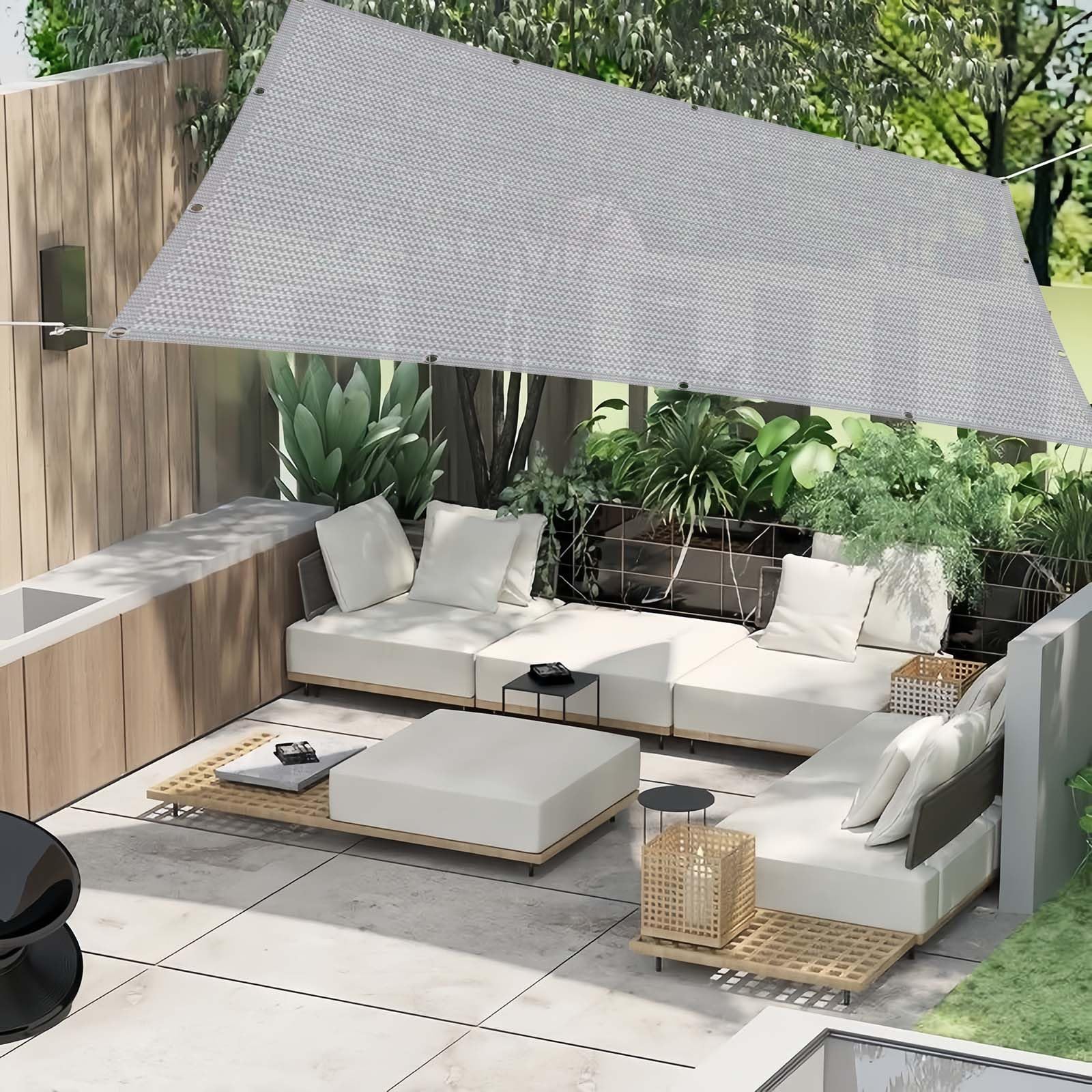 Voile d'ombrage anti-UV 95% en tissu respirant gris avec œillets et cordes de fixation