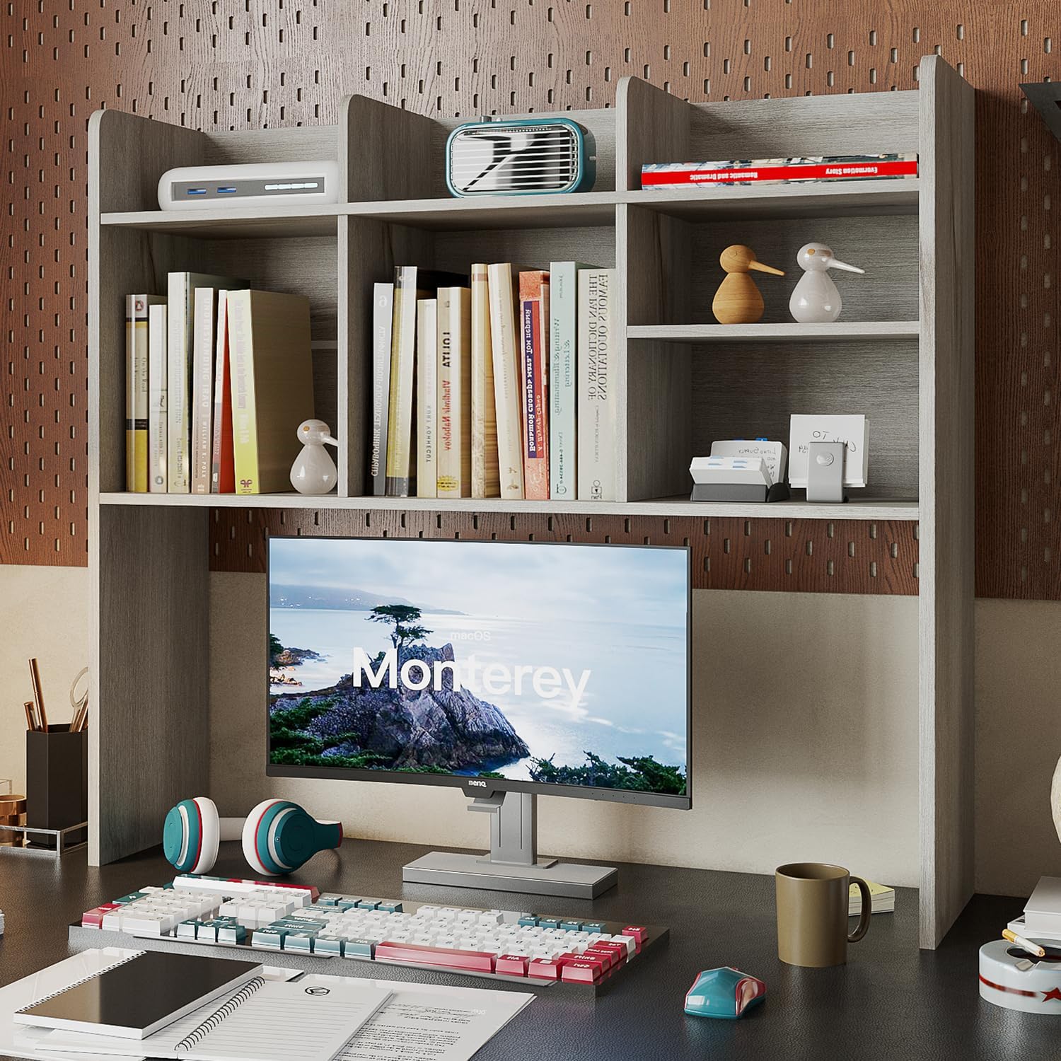 ChooChoo Desktop Bookshelf, Wood Desk Hutch Organizer with 7 Shelves for Computer Desk, Desktop Shelf Bookshelf Storage for College Dorm Office Home, Grey