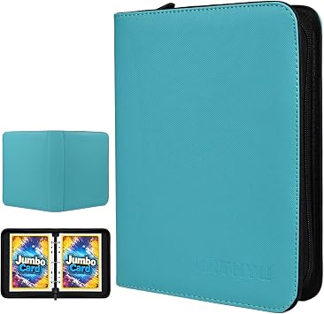 WITHYU Jumbo Card Binder, 5.4 x 7.4 Inch 3-Ring Card Album with Zipper, Holds Oversized Jumbo Cards, 40 Removable Sleeves with 80 Pockets, PU Leather Storage Album for Card Collectors, Aqua Blue