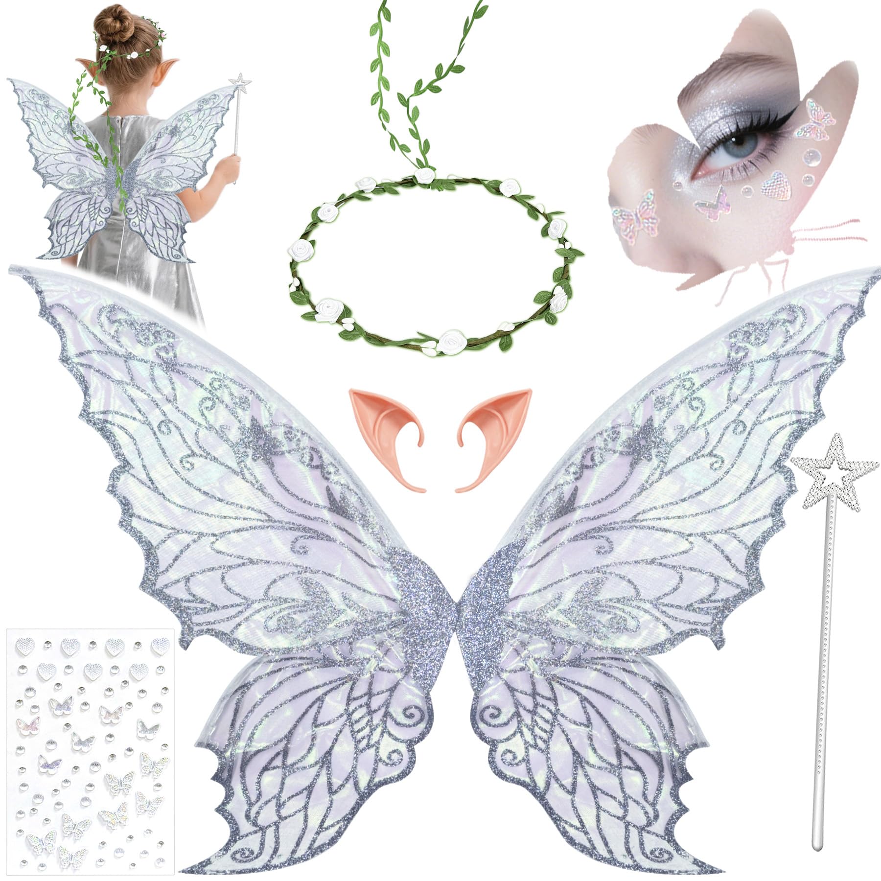YeahBoom Children's fairy wings, butterfly wings with elf ears, fairy headband and star fairy wands, butterfly wings