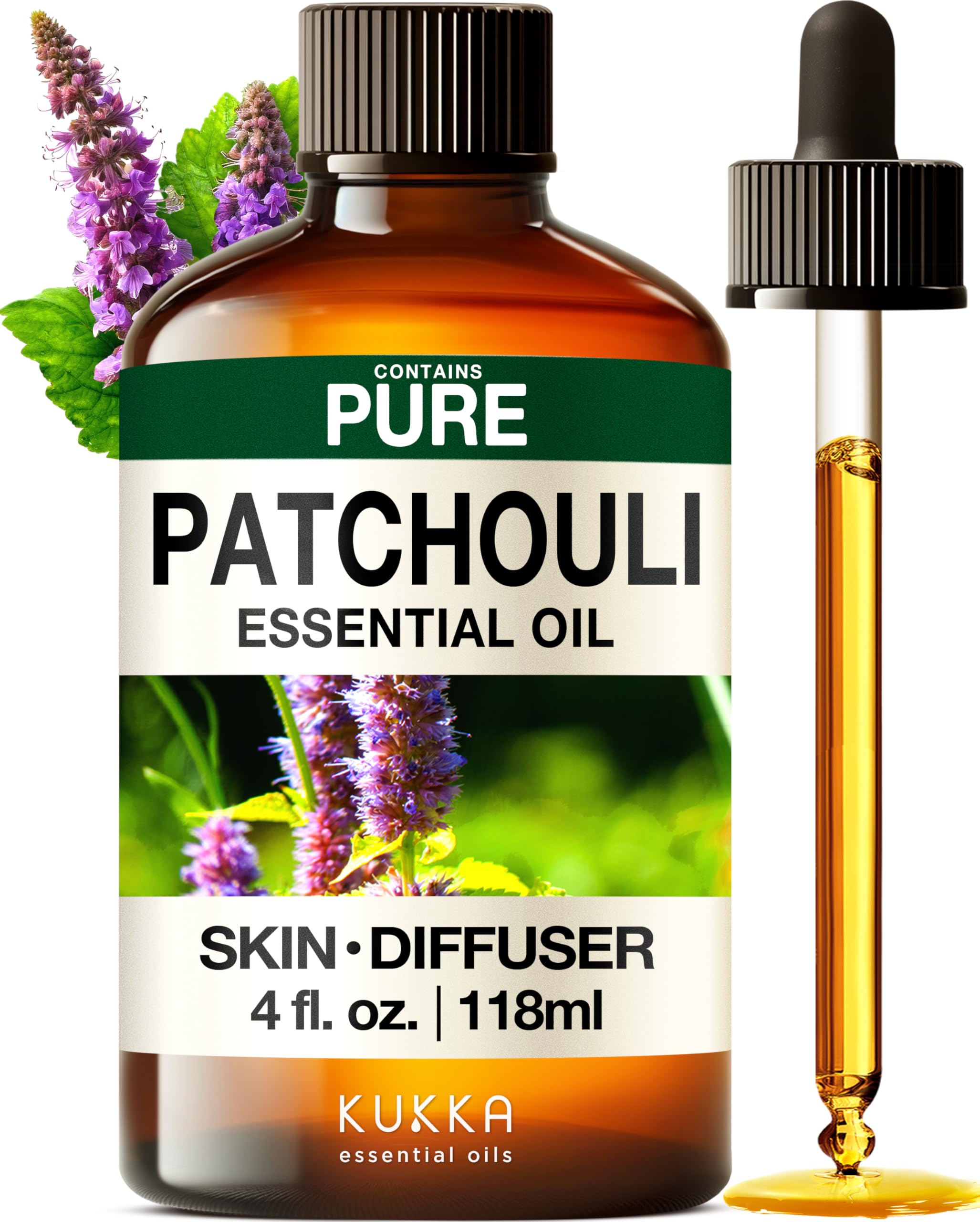 Kukka Patchouli Essential Oil for Skin & Diffuser - 4 Fl Oz - 100% Pure Natural Patchouli Oil, Captivating Scent for Body Perfumes, Aromatherapy & Soap Making Scent DIY