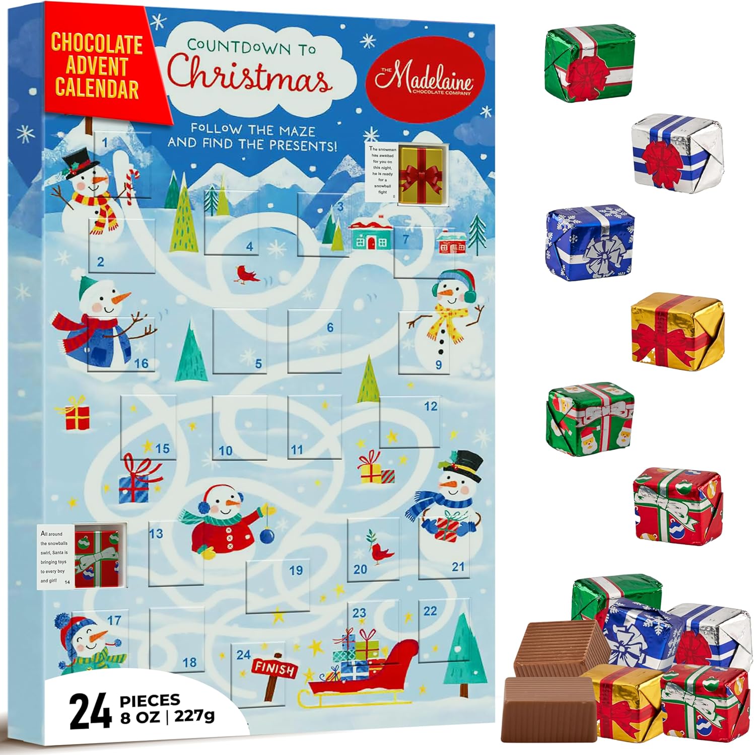 Madelaine Chocolate Solid Premium Milk Chocolate 2025 Advent Calendar Book - 24 Assorted Premium Milk Holiday-Themed Treats