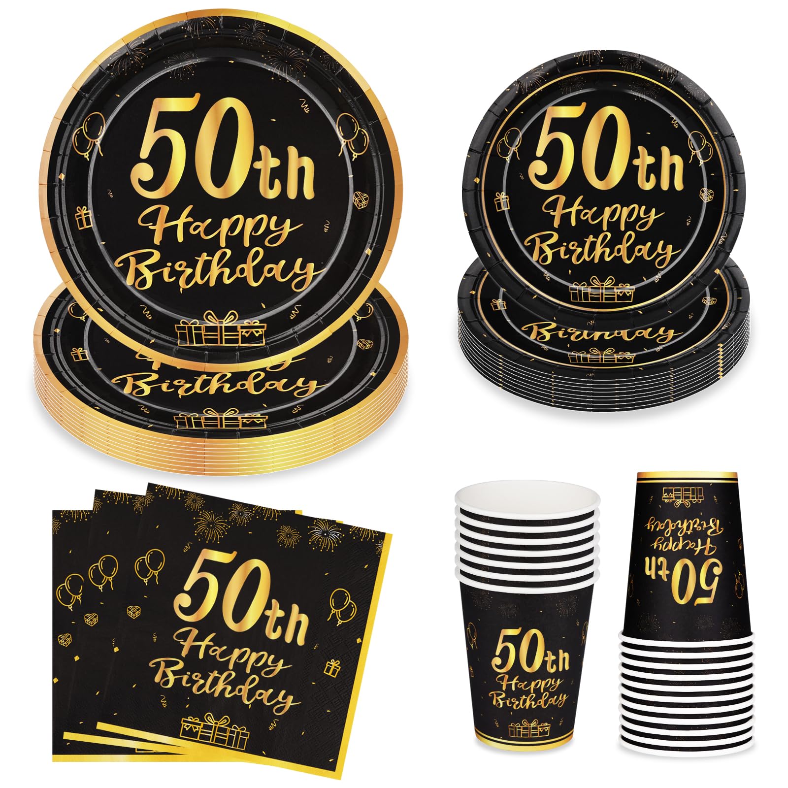 LAWALEISHE 50th Happy Birthday Party Plates Cups and Napkins, Black Gold 9" and 7" Disposable Paper Plates and Cups, 96pcs Party Tableware Set 24 Guests, Birthday Supplies for Table Decorations