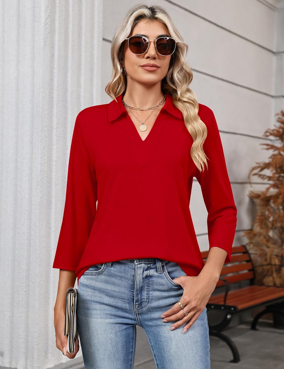 LOMON 3/4 Length Sleeve Womens Tops 2026 Spring Summer Collared Polo Shirts V Neck Casual Basic Polos Tees Shirt - Image 4