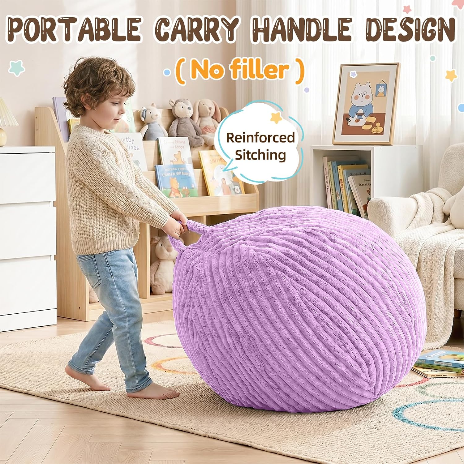 Bean Bag Cover No Filler Stuffed Animal Storage Bean Bag Chair Cover | Soft Faux Rabbit Fur,Non-Slip Bottom,Durable Zipper,Fill with Plush Toys or Blankets,for Adults Teens Kids Girls,Purple
