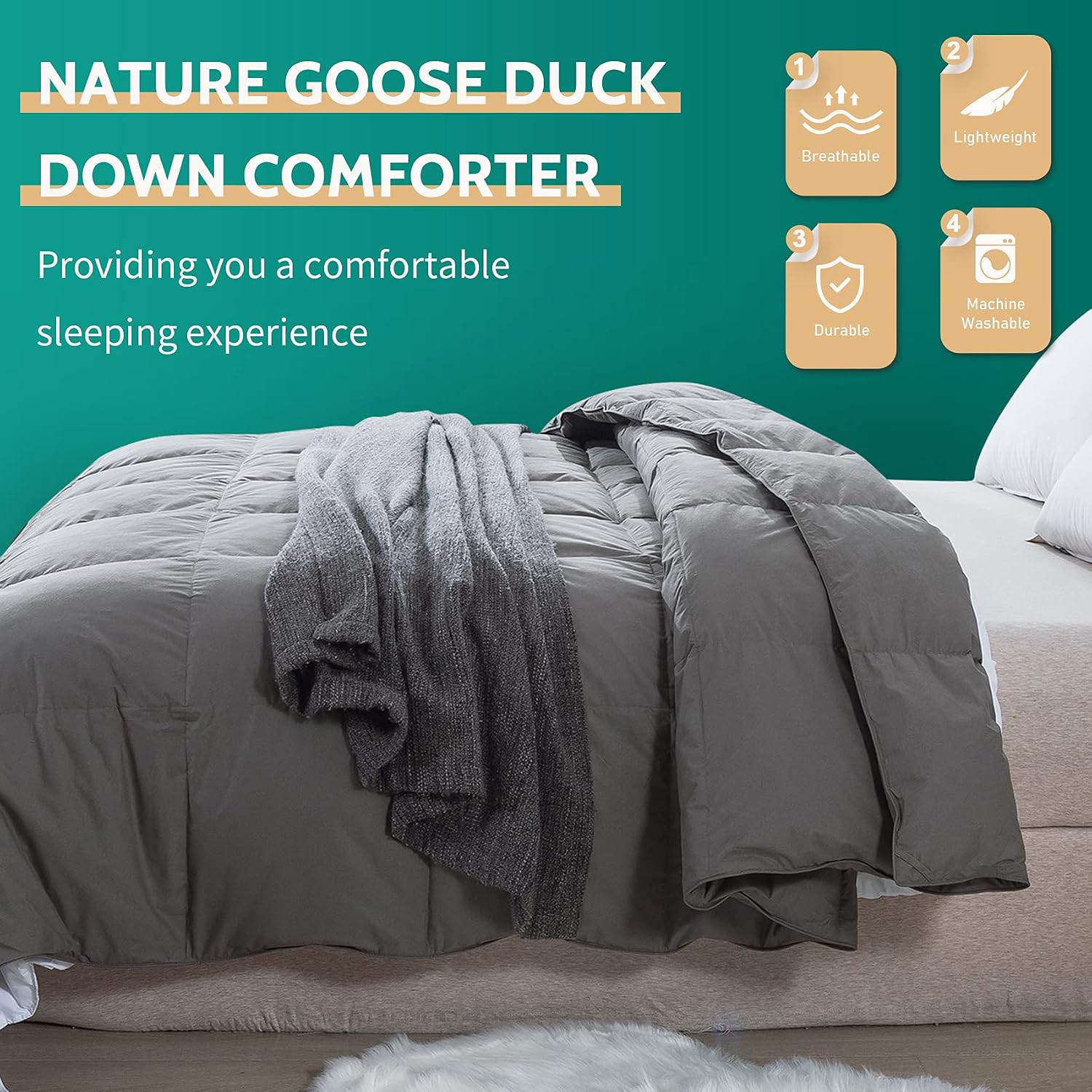 Decroom Grey Queen Comforter, Cotton Quilted Comforter, Machine Washable Lightweight Duvet Insert（88 * 88 Inches）