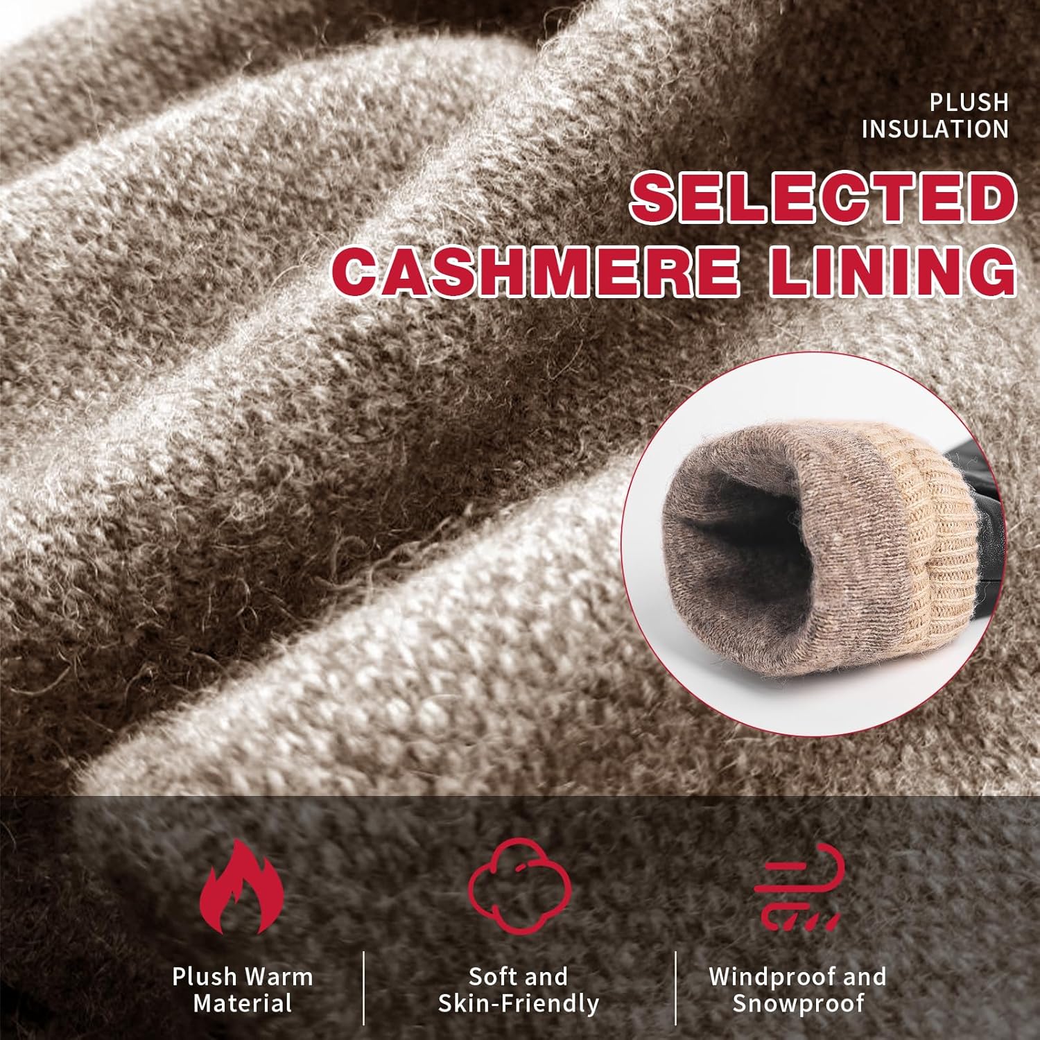 Winter Genuine Sheepskin Leather Gloves for Men, Warm Cashmere Lined Black Leather Touchscreen Motorcycle Gloves - Image 3