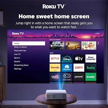 Aurzen Roku TV Smart Projector with Wifi and Bluetooth, Roku TV Built-in, 1080P FHD, DoIby Audio, Auto Focus & Keystone, Zoom, Movie Portable Outdoor Mini Projector for Soccer Football Game, White