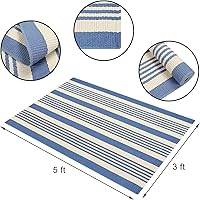 Vista 2 de OJIA Alfombra de exterior azul y blanca de 3 x 5 pies, tejida a mano, lavable de algodón, a rayas, para interiores y exteriores, alfombra de piso