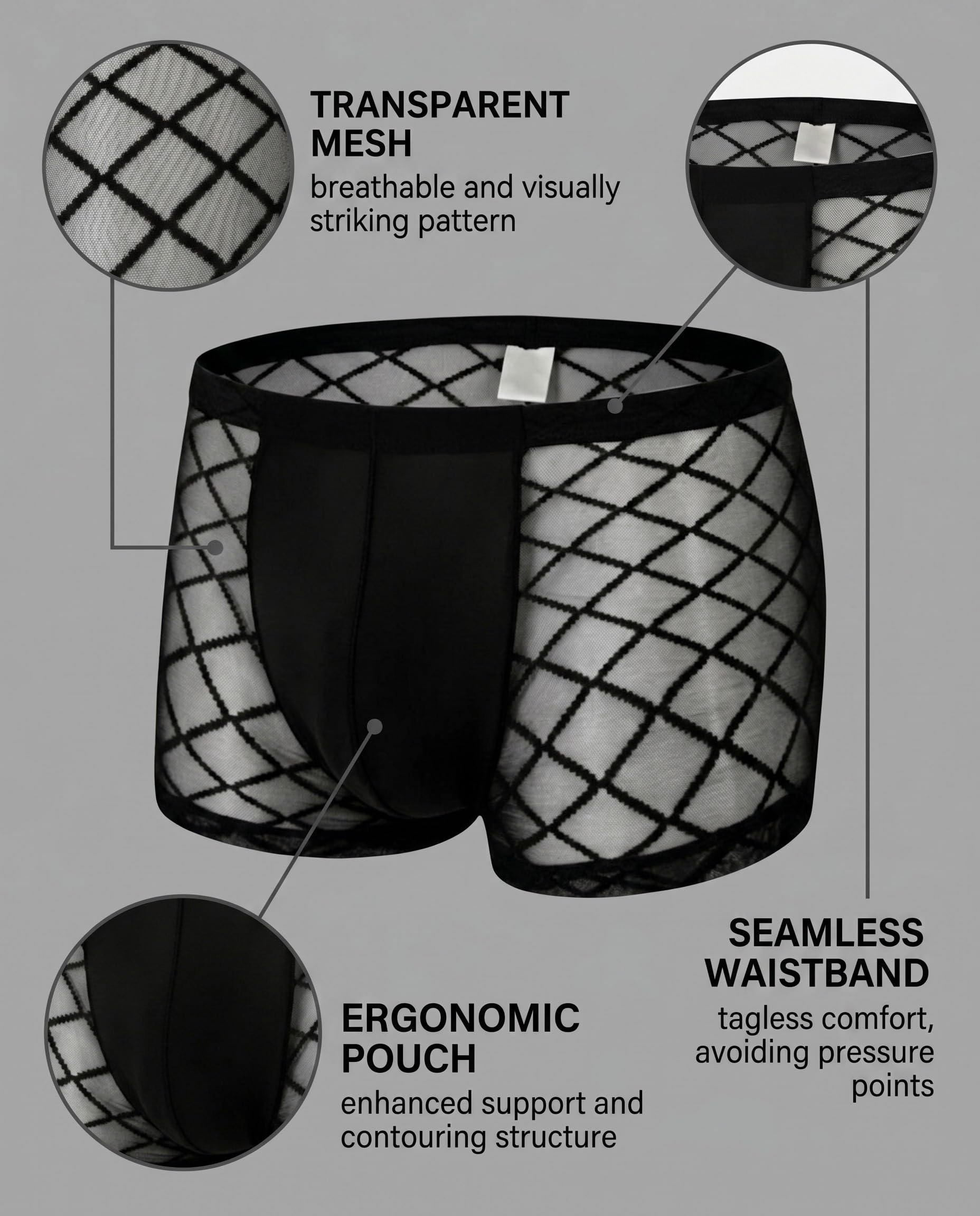 Boxer Intimo Uomo sexy hot in Rete Mutande Trasparenti con Cintura Elastica, biancheria intima, Traspiranti e Morbidi Perizoma Seducente Corte Hipster