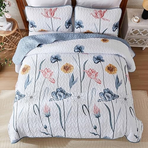 Miniatura 6 de WONGS BEDDING Juego de edredón floral Queen, juego de colcha de 3 piezas azul y rosa, cubrecama botánico, colcha suave y ligera con flores de granja