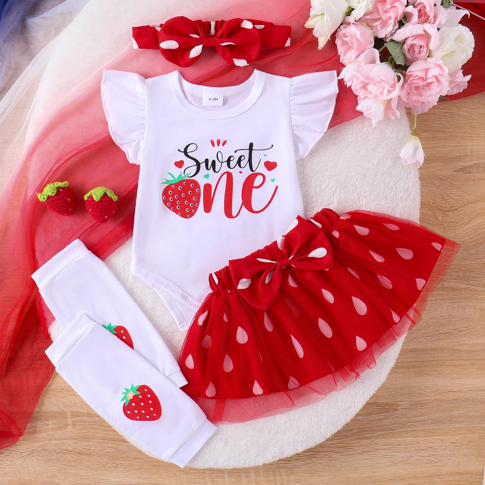 BOEBNOZCV Baby Girl Birthday Outfits Strawberry Sweet One Letter Print Romper Bodysuit+ Bowknot Tulle Skirts Dress Clothes (Strawberries Sweet Skirts,12-18 Months)