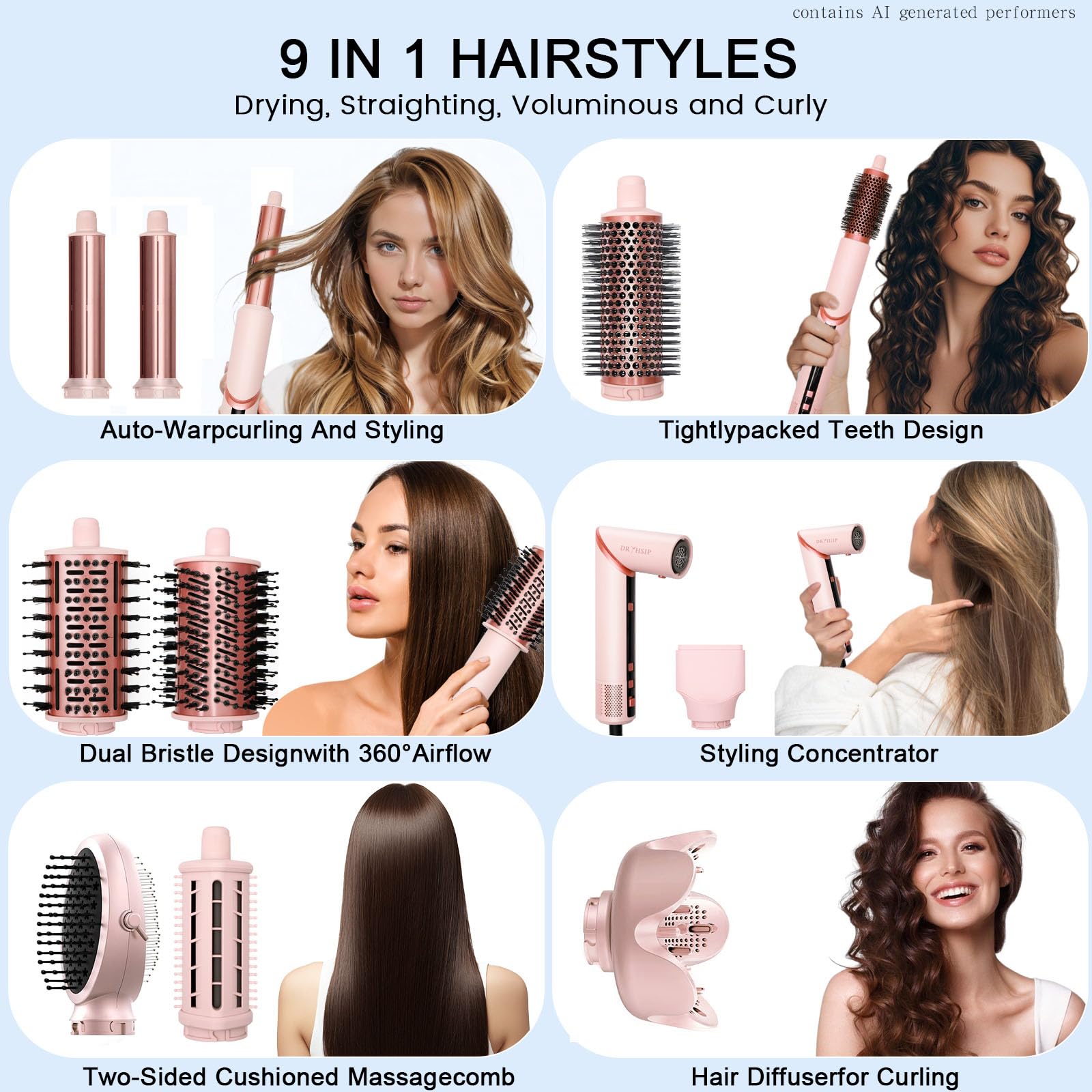Coiffeur 9 en 1 haute vitesse à air chaud avec affichage numérique de la température, technologie ionique, 3 réglages de chaleur/froid, léger pour cheveux bouclés, raides, ondulés, salon et