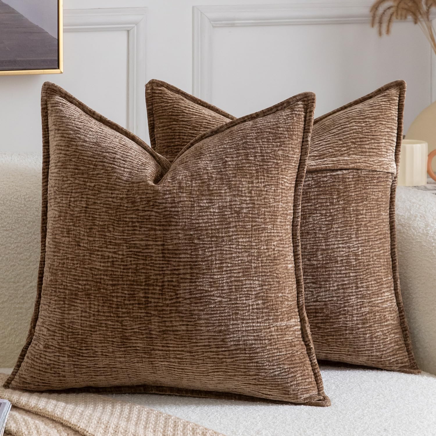 Madizz Pack of 2 Decorative Cushion Covers Soft Chenille Throw Pillows Solid Textured Throw Pillow Covers for Couch Sofa Bedroom Living Room 40x40 CM, Brown — image 1