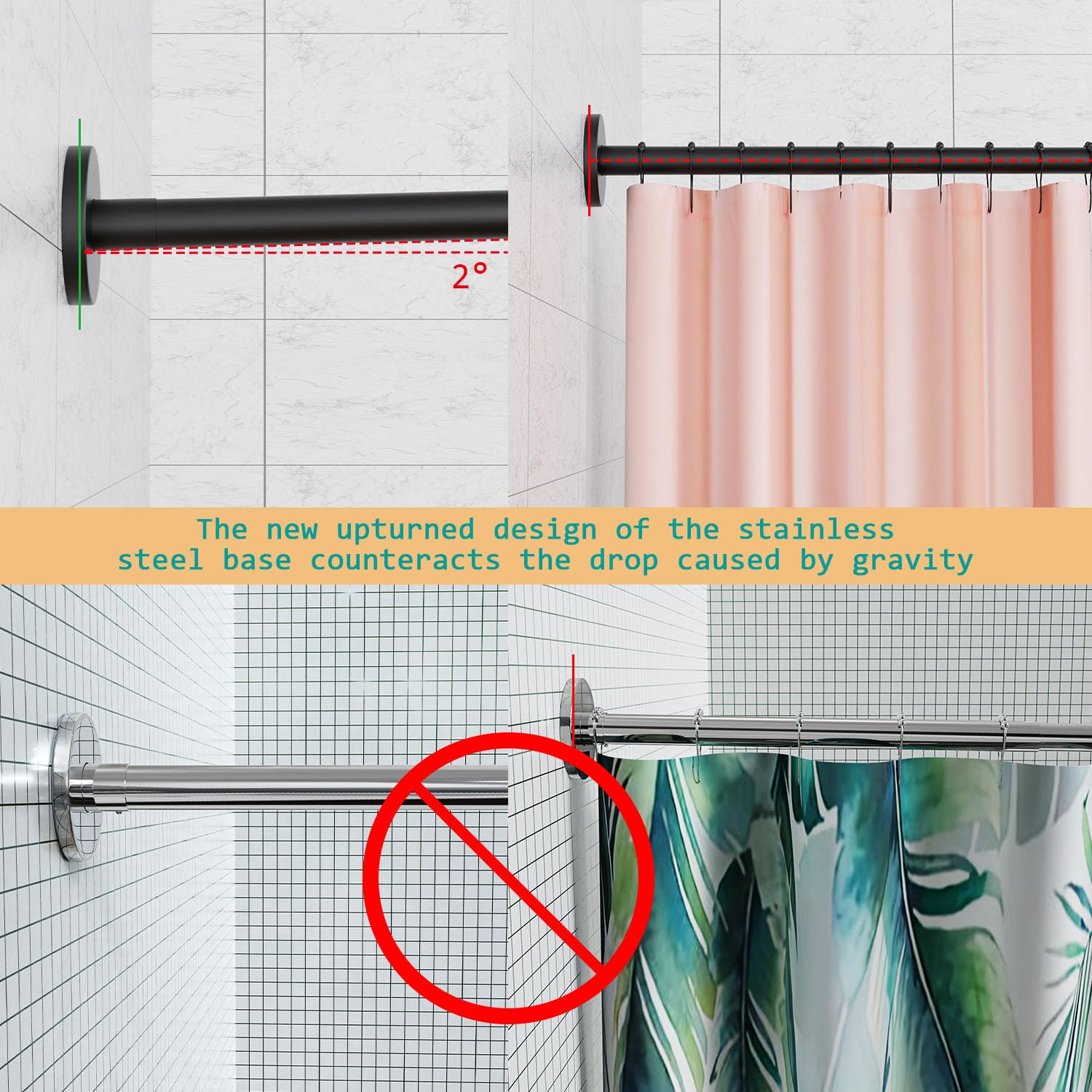 Barra de cortina de ducha extensible de acero inoxidable 304 en forma de L, ajustable (negro, 60 – 92 cm x 60 – 92 cm), curvada 90°, instalación sin agujeros, inoxidable y estable, sin