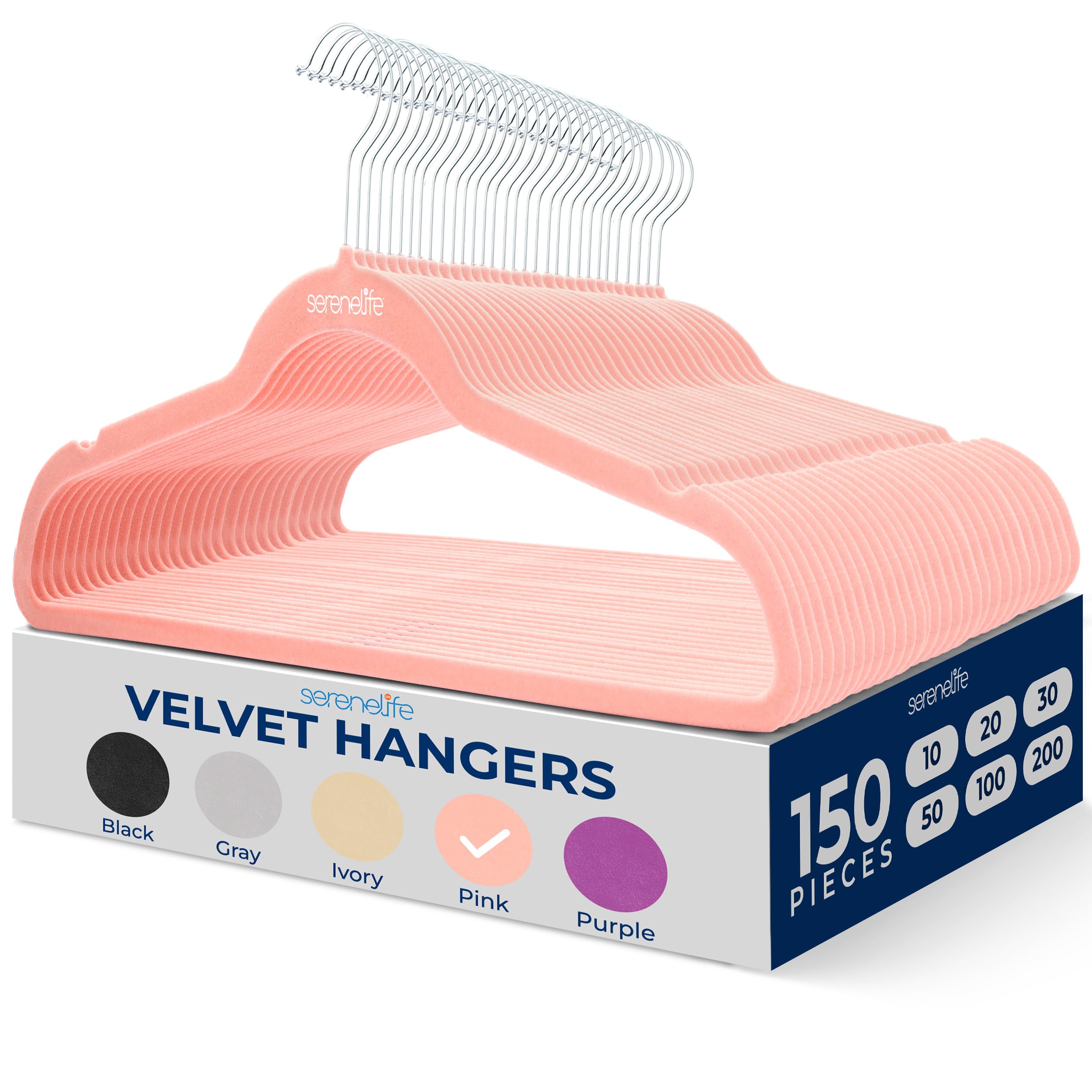 SereneLife 150 Pack Velvet Hangers - Space Saving, Slim Suit Clothes Hanger Set with 360 Degree Swivel, Can Hold Up to 10 Lbs, for Coats, Jackets, Pants &amp; Dress (Pink)