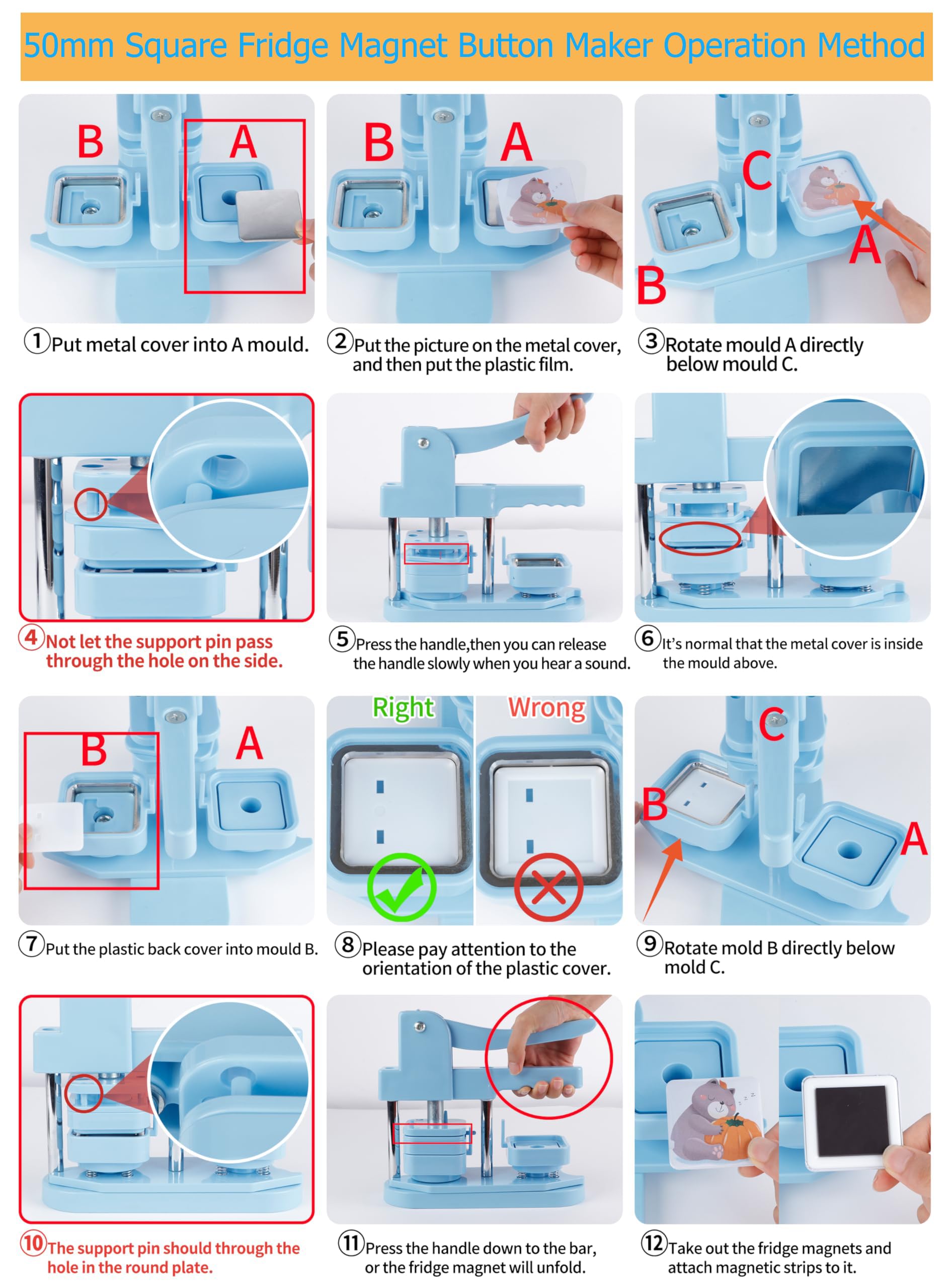DCBADGE Máquina para hacer botones de forma cuadrada, 50 mm, kit de imán cuadrado para nevera con 100 juegos de suministros de imanes para refrigerador