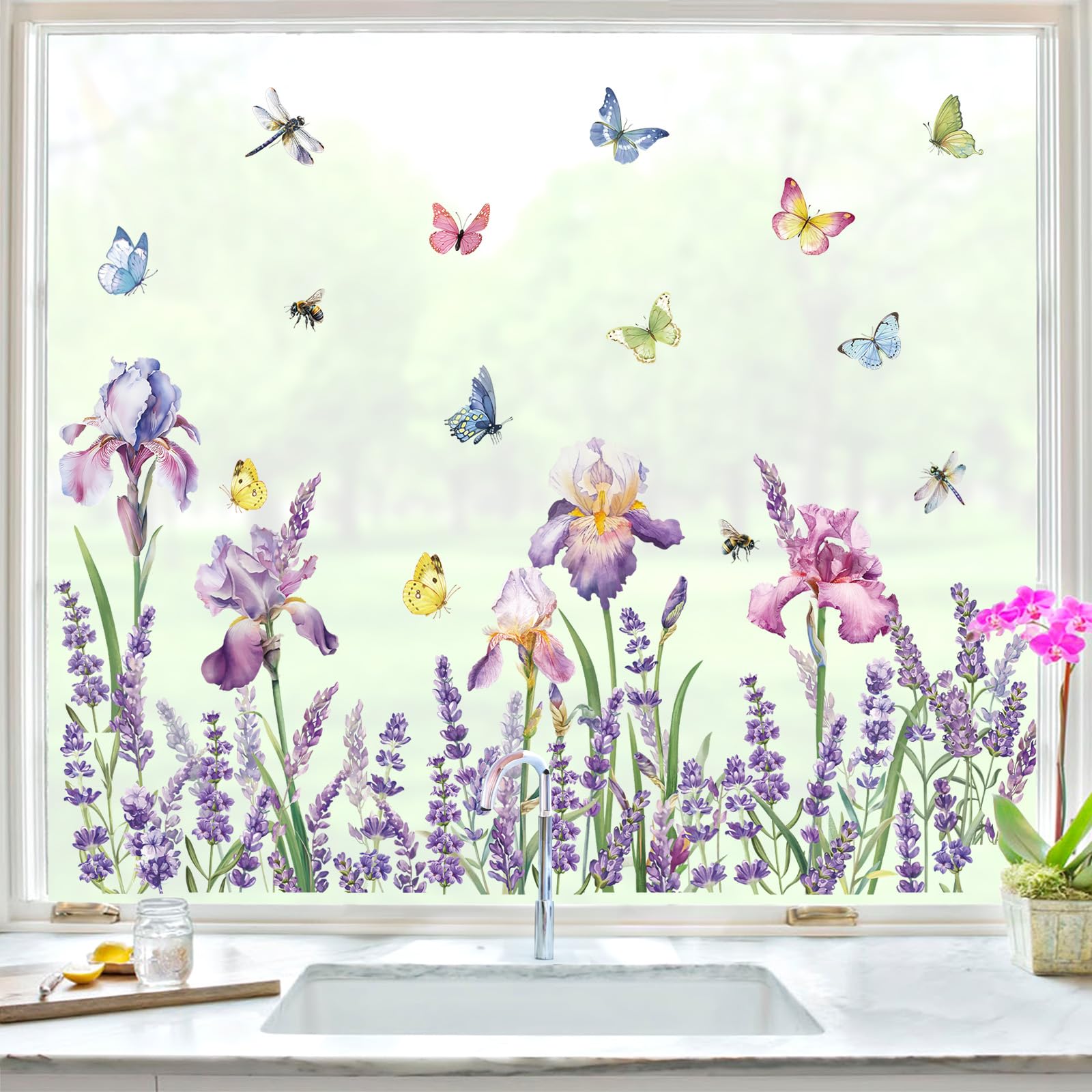 Decalmile Iris Flower Lavender Grass Butterflies Easter Window Decals - Anti-Collision Glass Stickers (W: 116cm/45.7 Inches)