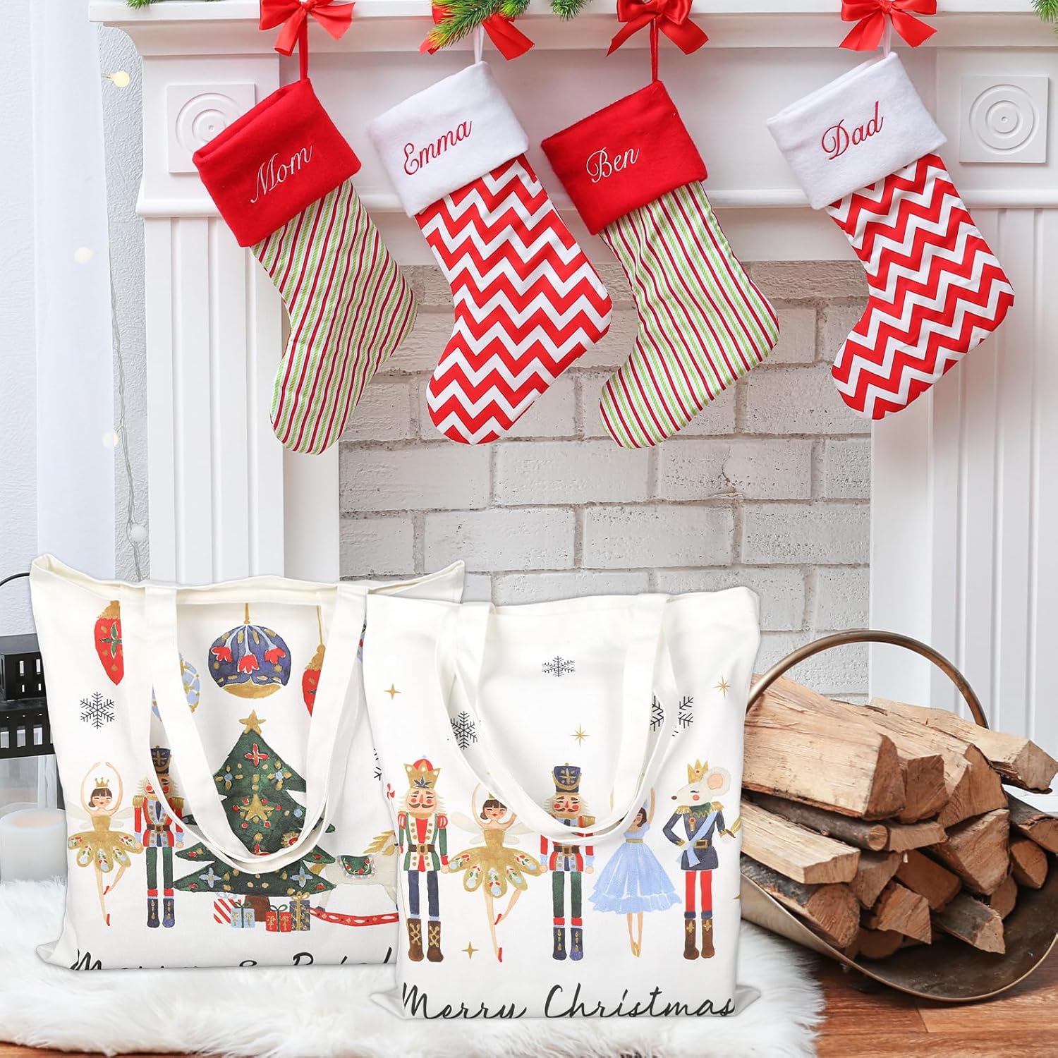 Whaline 2Pcs Christmas Canvas Tote Bags Nutcracker Xmas Balls Tree Grocery Shopping Bag Merry Christmas Reusable Gift Goodie Bag for Gifts Wrapping Storage - Image 6