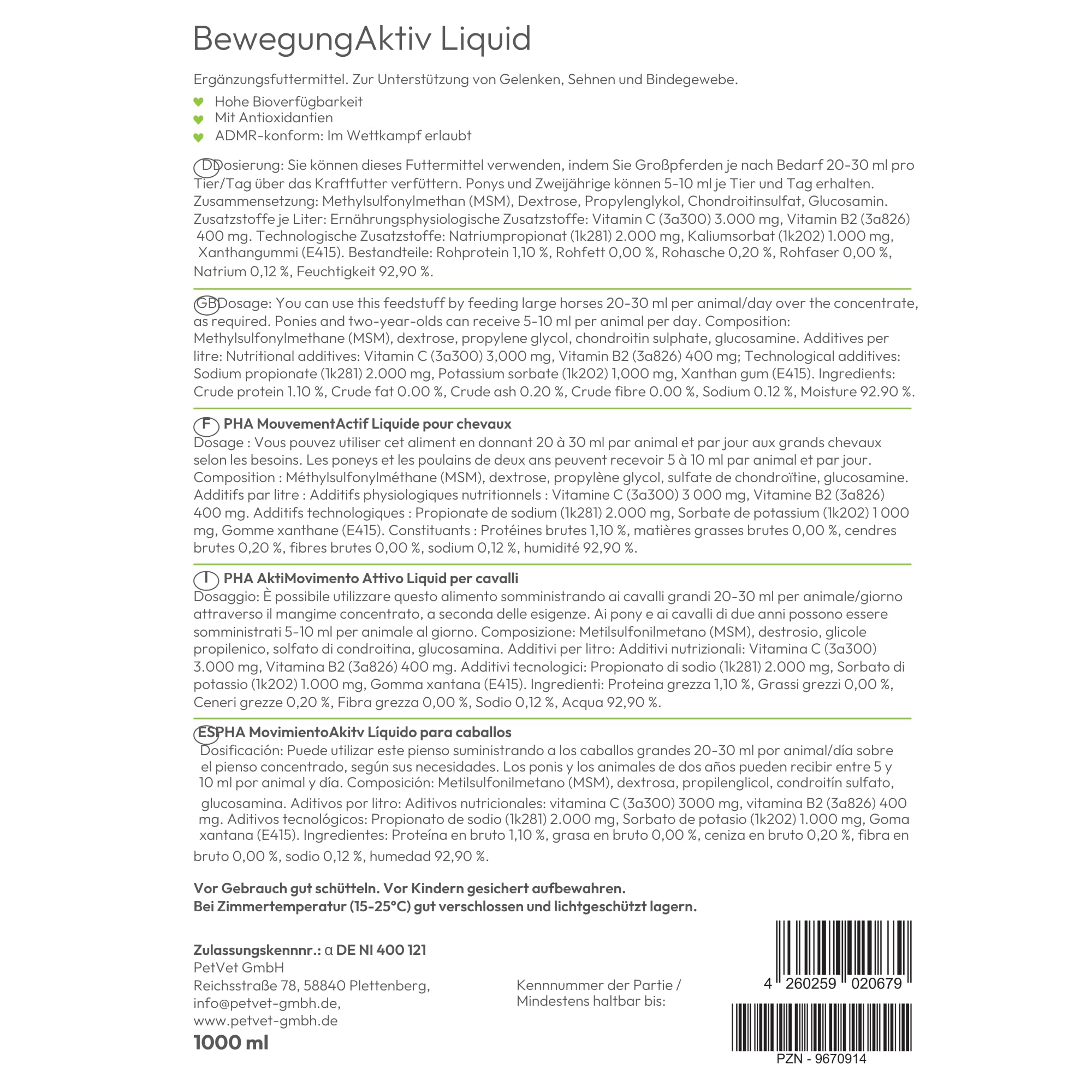 PHA Pferd, complément Alimentaire pour Soutenir des articulations, tendons et Tissu conjonctif, Liquide, Mouvement Actif Liquid, 1000 ML