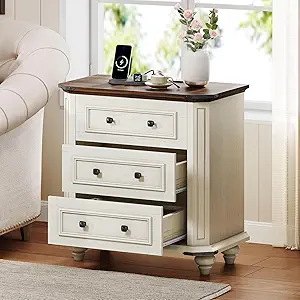DWVO Nightstand with Charging Station, Farmhouse Bedside Table with 3 Drawers, Wood Night Stand w/Storage, Rustic Bed Side End Table for Bedroom Dorm Small Space, White