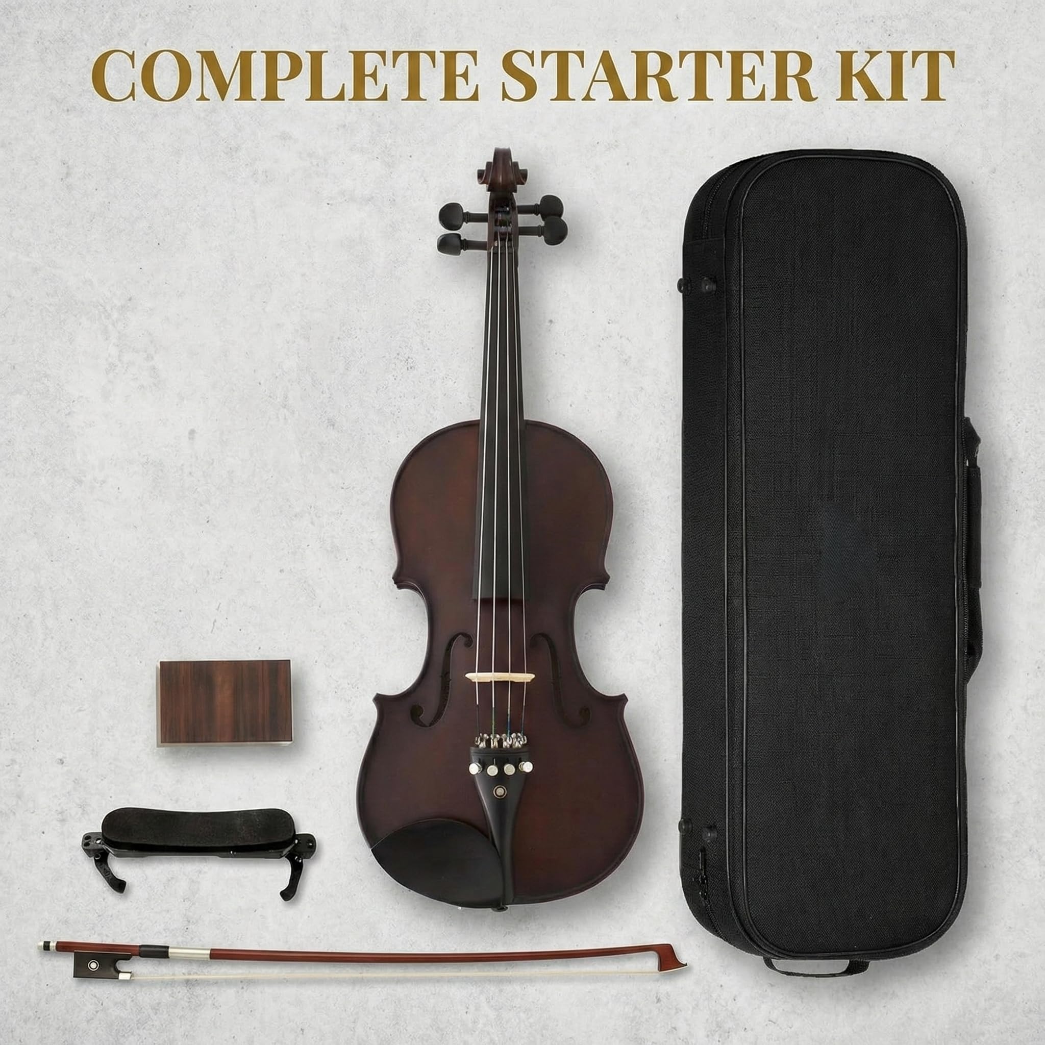 Violine 4/4, Handgefertigt aus Massiv-Fichten- & Ahornholz mit Ebenholz-Griffbrett - Komplettset mit Hartschalenkoffer, Bogen & Zubehör für Anfänger und Fortgeschrittene