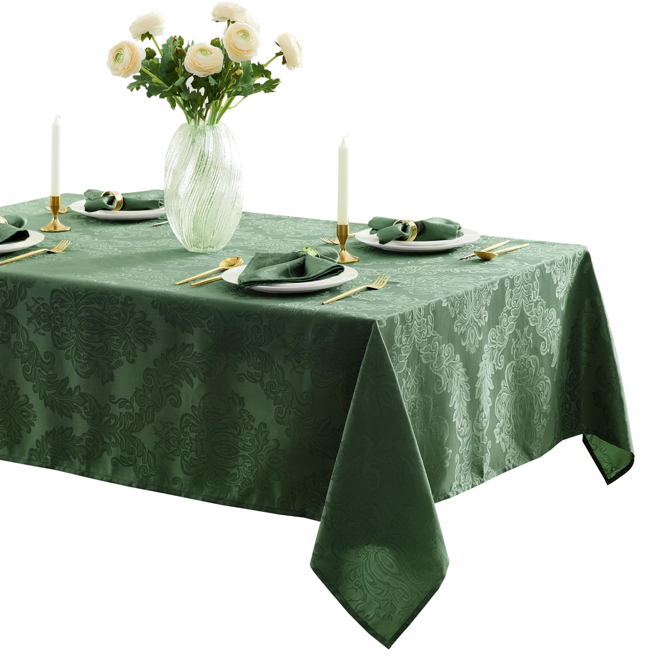 Newbridge Barcelona Damask Fabric Tablecloth, 60 x 102 Inch Rectangle, Hunter Green – No Iron, Soil Resistant Table Cover for Dining, Parties and Holidays