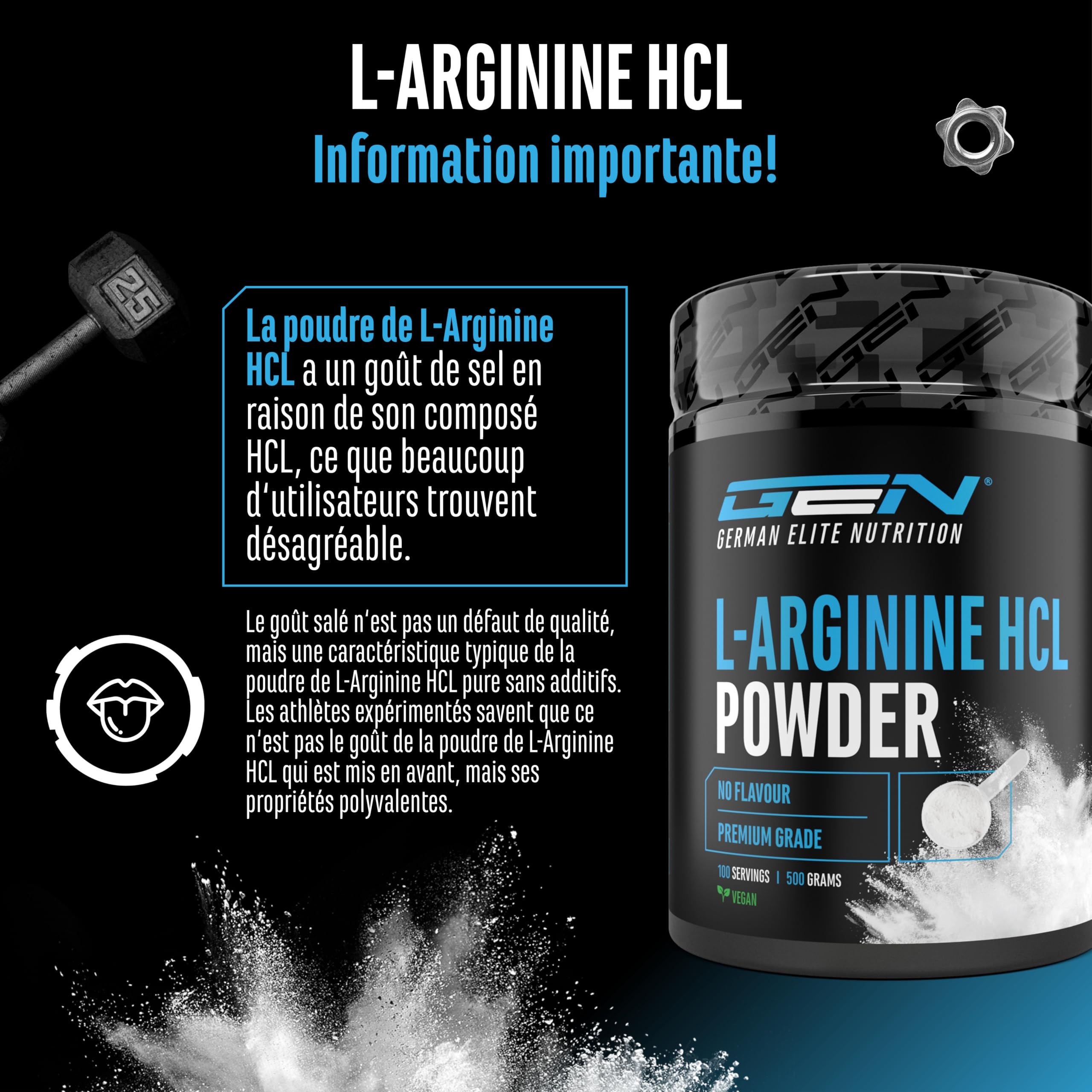 L-Arginine HCL - 500 g en Poudre - L-Arginine Hydrochloride - Premium : Acides Aminés Végétaux - Solubilité optimale - Poudre pure Sans Additifs - Végan