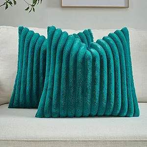 FUTEI Teal Green Striped Decorative Throw Pillow Covers 18x18 Inch Set of 2,Square Fall Decorations Couch Pillow Case,Soft Cozy Faux Rabbit Fur & Velvet Back,Modern Home Decor for Bed