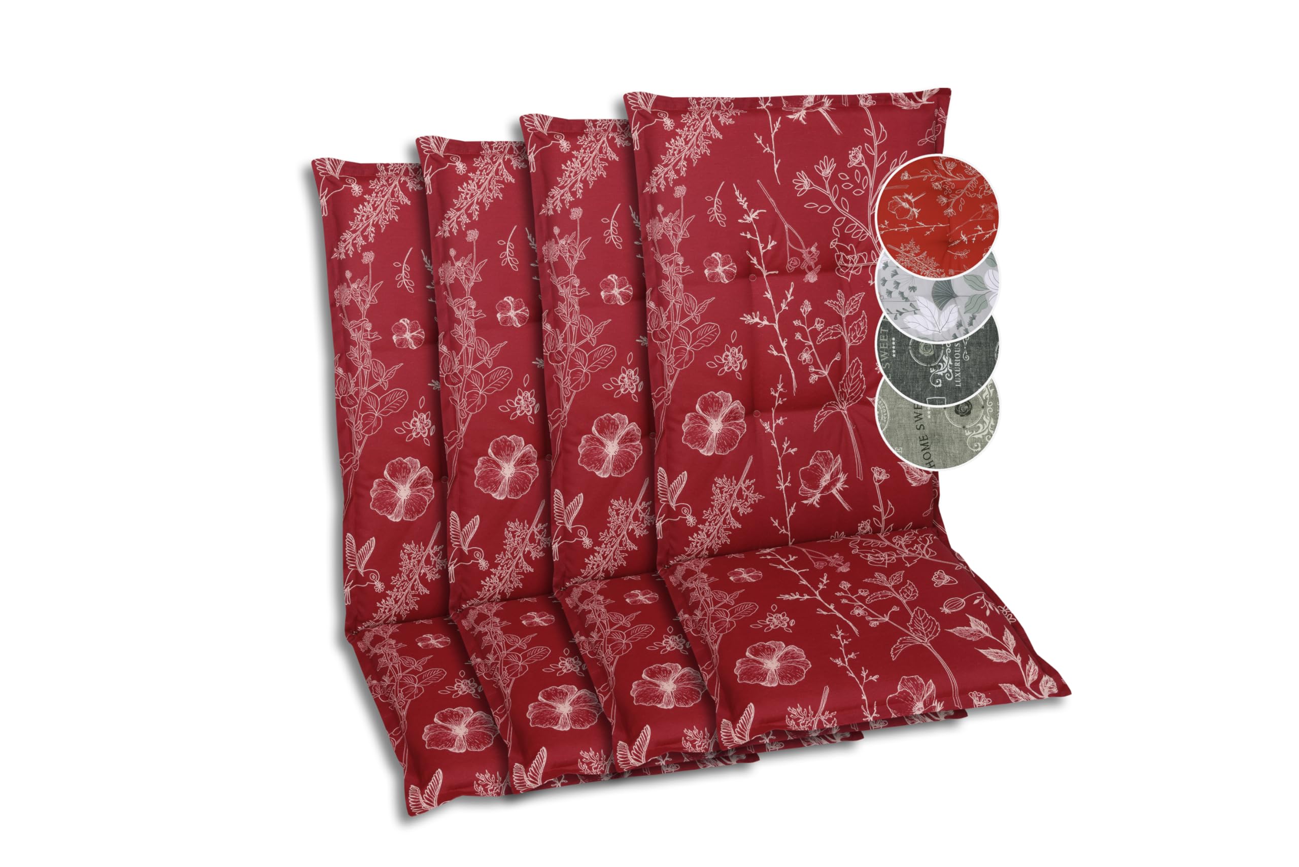 GO-DE Textil Bequeme und attraktive Polsterauflagen für Hochlehner-Gartenstühle (4er-Set, Design: Floral Rot)
