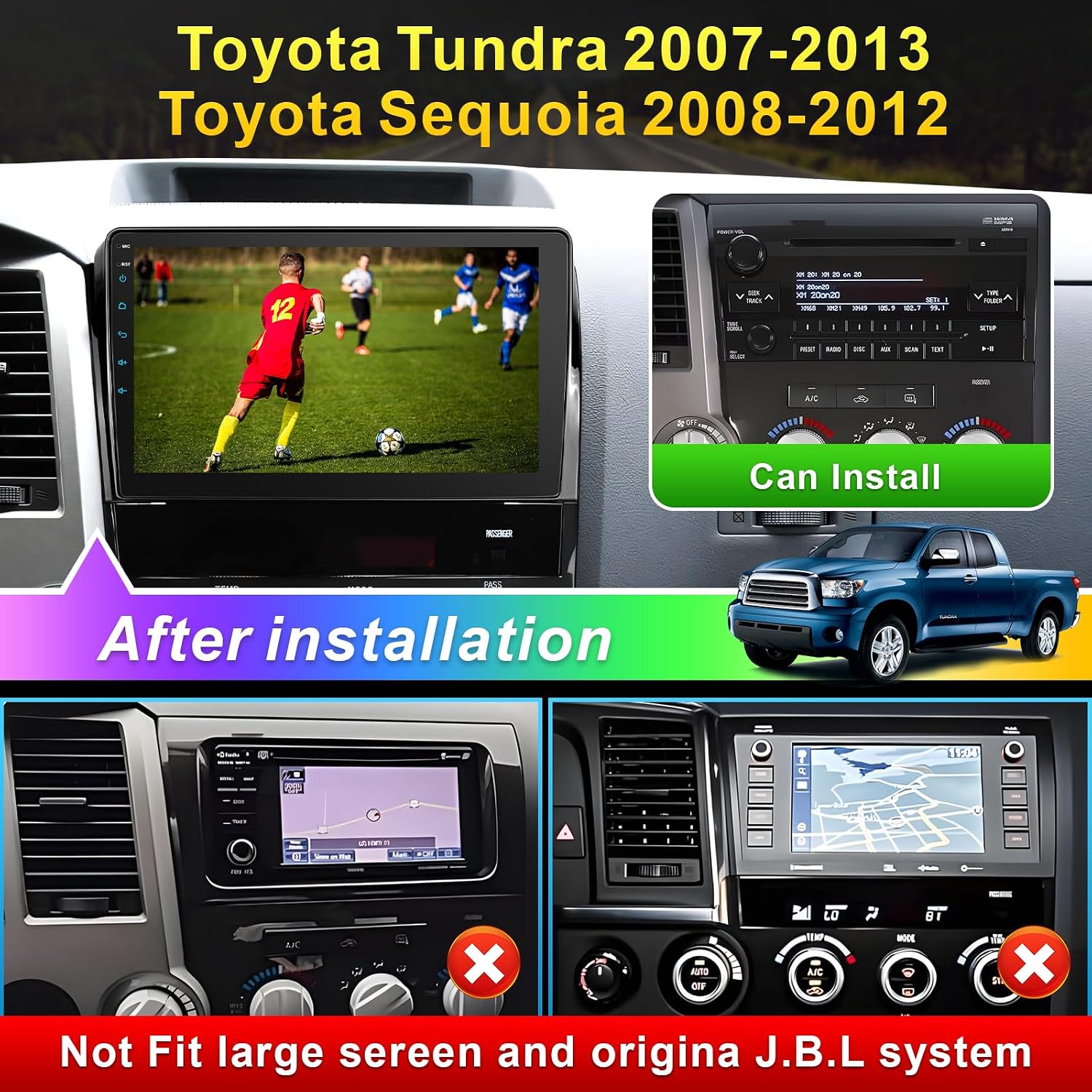 Car Radio for Toyota Tundra 2007-2013 Sequoia 2008-2012 （not fit JBL） with Wireless CarPlay & Android Auto, 10 Inch Toyota Tundra Head Unit with Bluetooth GPS Navigation SWC FM Radio