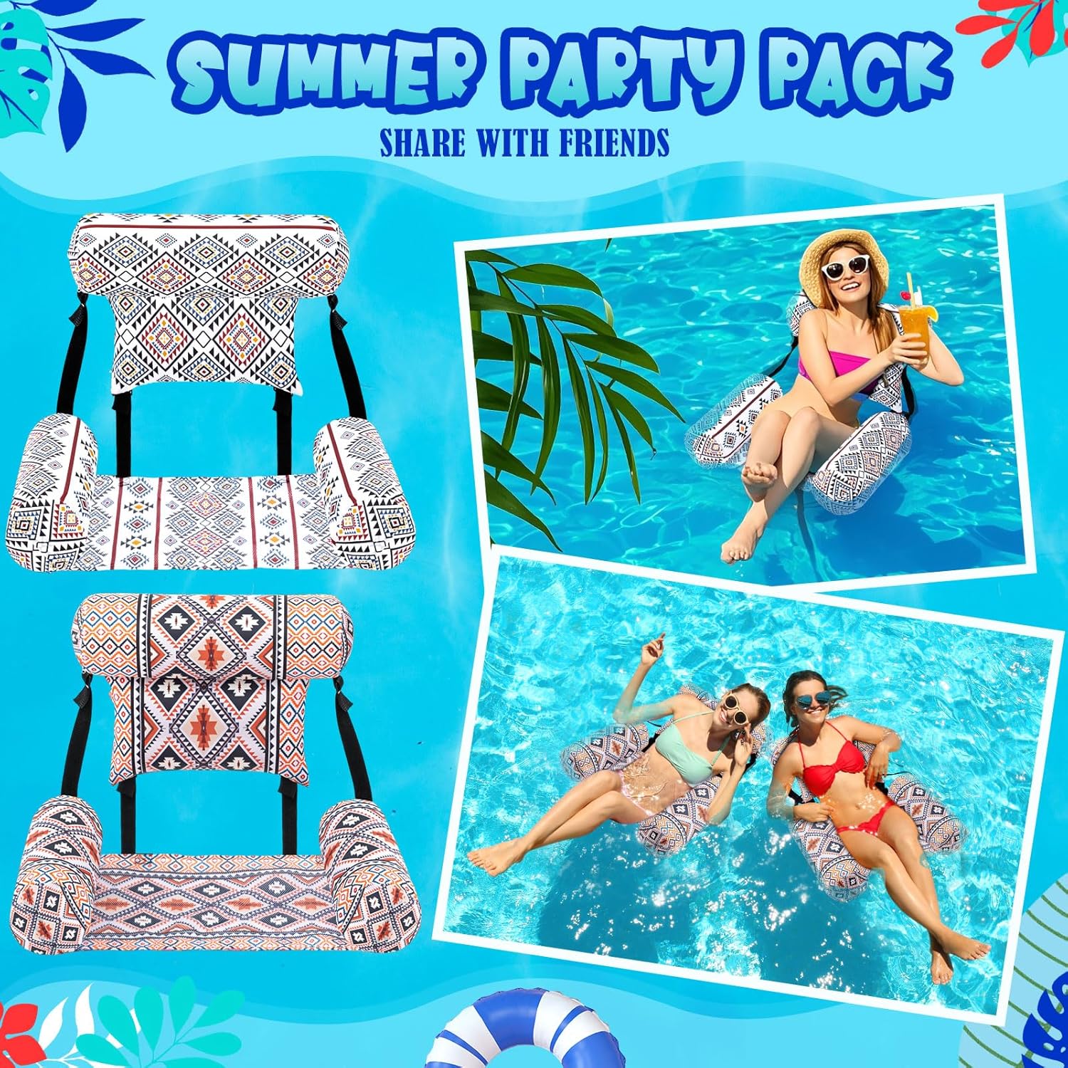 Threehoney 2 Pack Large Pool Chair Floats Adult Inflatable Pool Lounge Chair Summer Pattern Water Floating Chair Adjustable Pool Float Hammock for Swimming Pool Beach Party Game