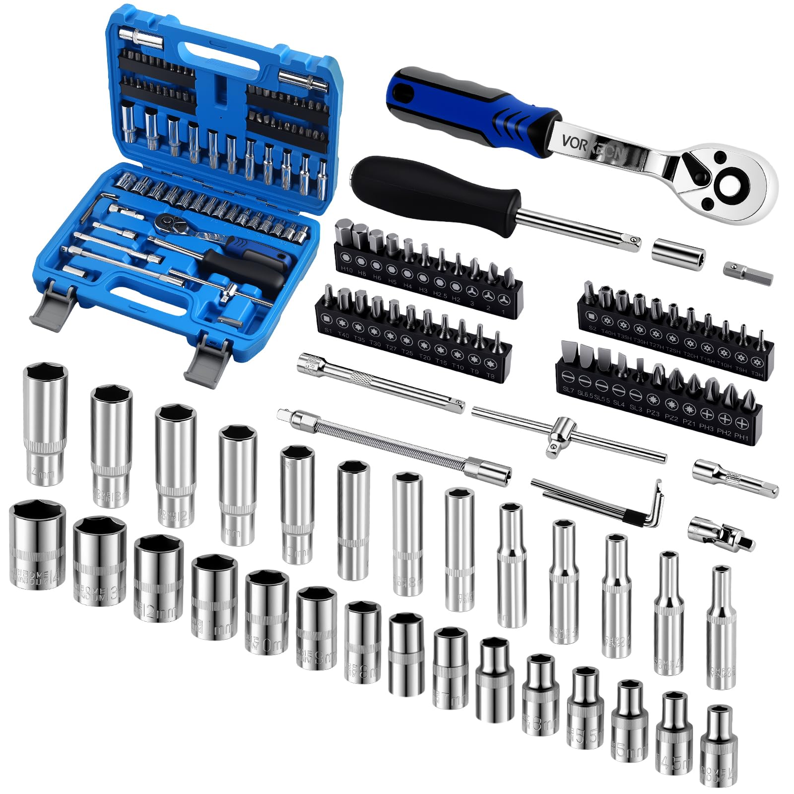 82pcs 1/4" Drive Socket Set with Storage Case Include Rachet Screwdriver Bits 6 Points Long & Short Sockets 4-14mm,Extension Bar Hand Tools DIY Home and Car Repair Kit
