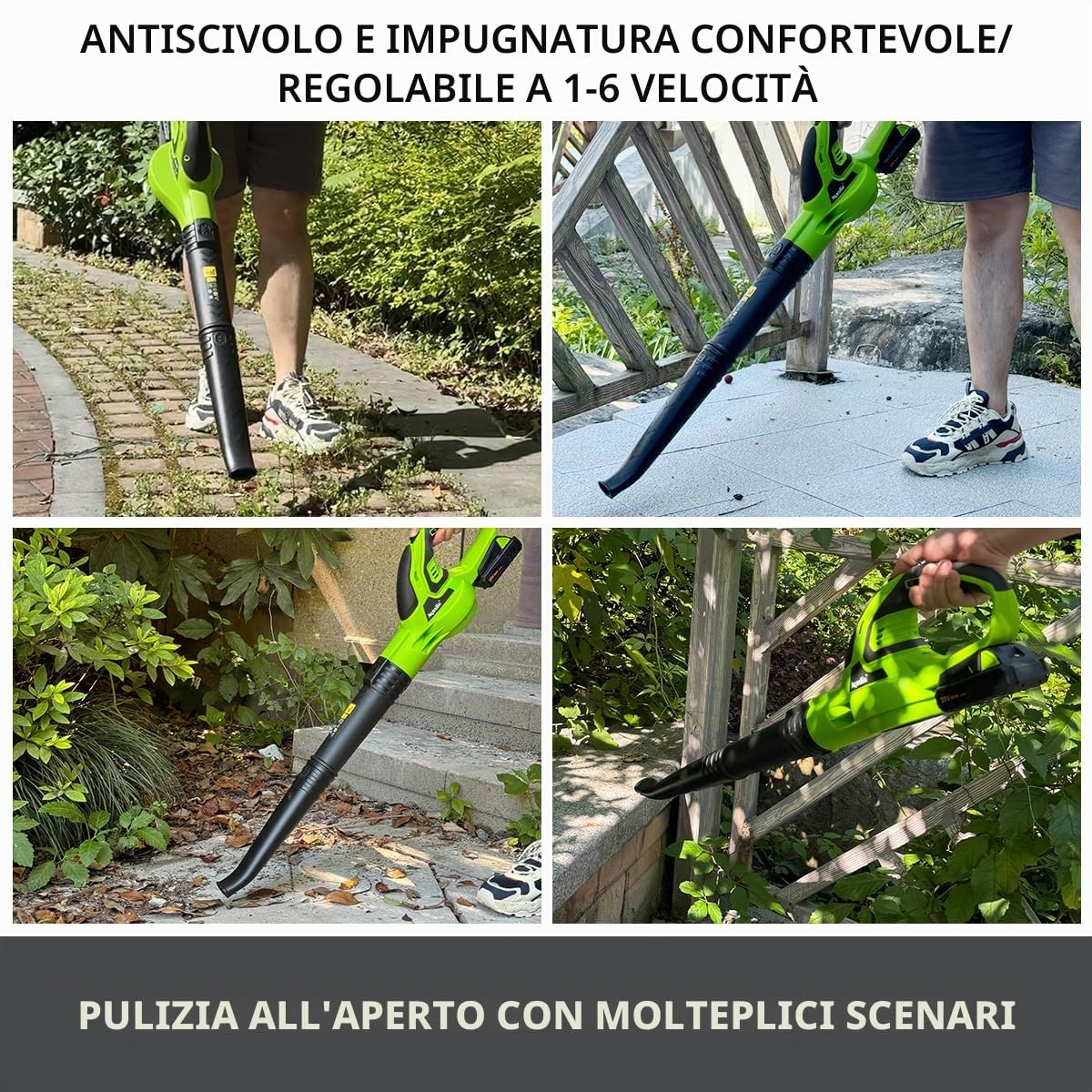 Soffiatore per foglie a batteria da 2,0 Ah, con caricatore rapido, utilizzato e una batteria per giardini, prati e cura delle foglie cadute