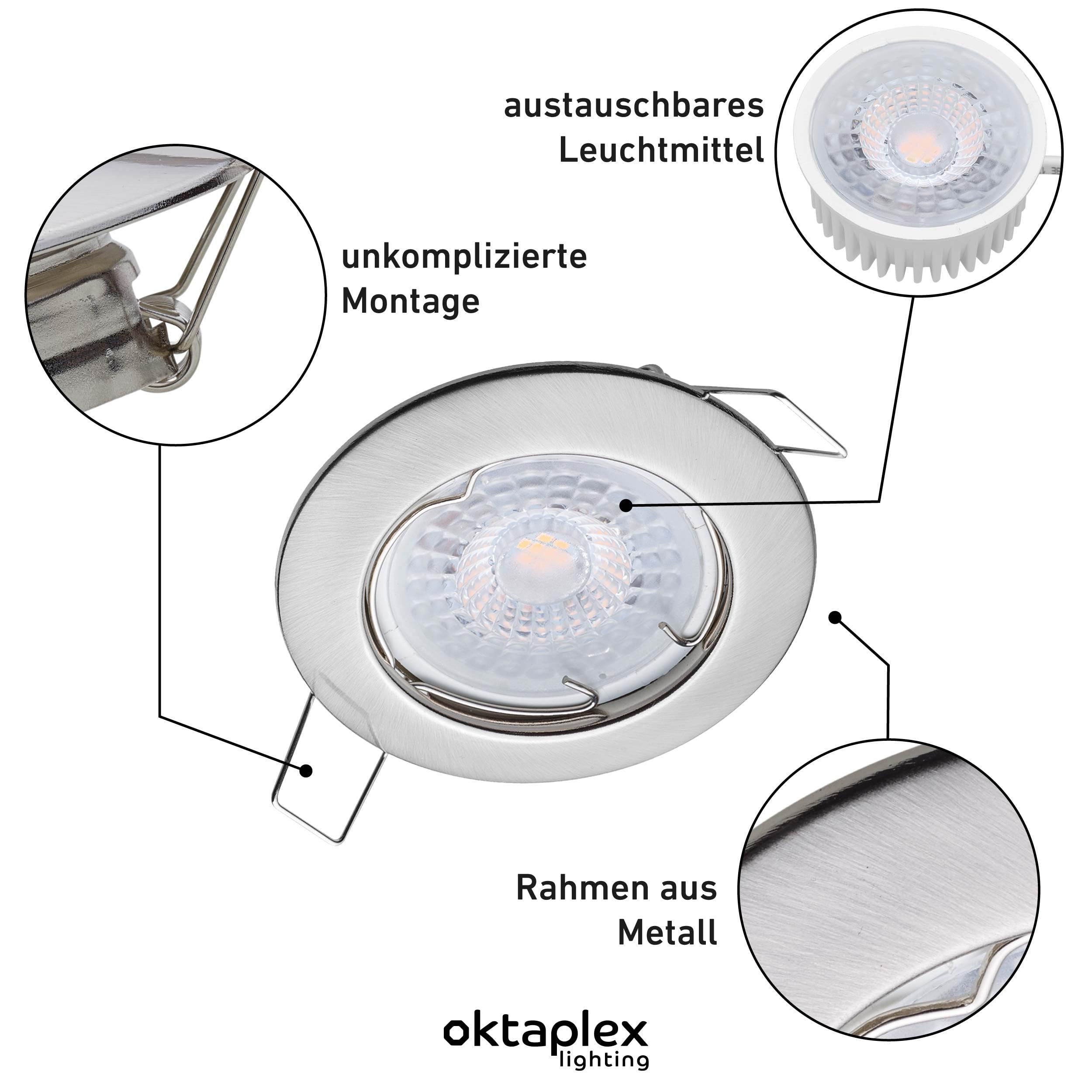 Oktaplex 9er Set Sedan Einbauspot 230V LED Spot 22mm Einbautiefe flach | Warmweiß 3000K, Lochmaß 60mm, 4,8W, 380lm, 110° Einbaustrahler Edelstahl gebürstet rund