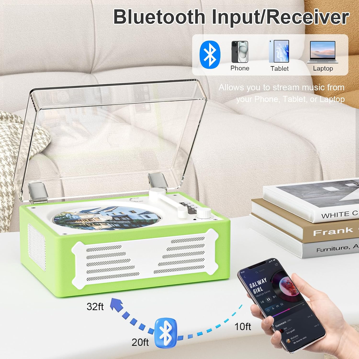 Retro CD Player with Bluetooth Transmitter Receiver, HiFi Stereo Speakers, LED Display, USB/AUX/Headphone Ports, Rechargeable, Portable CD Players for Home or Gift - Green