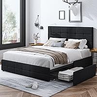 Vista 1 de Moderna base de cama tapizada con 4 cajones de almacenamiento, cama de plataforma con cabecera capitonada con botones ajustables, soporte de Negro
