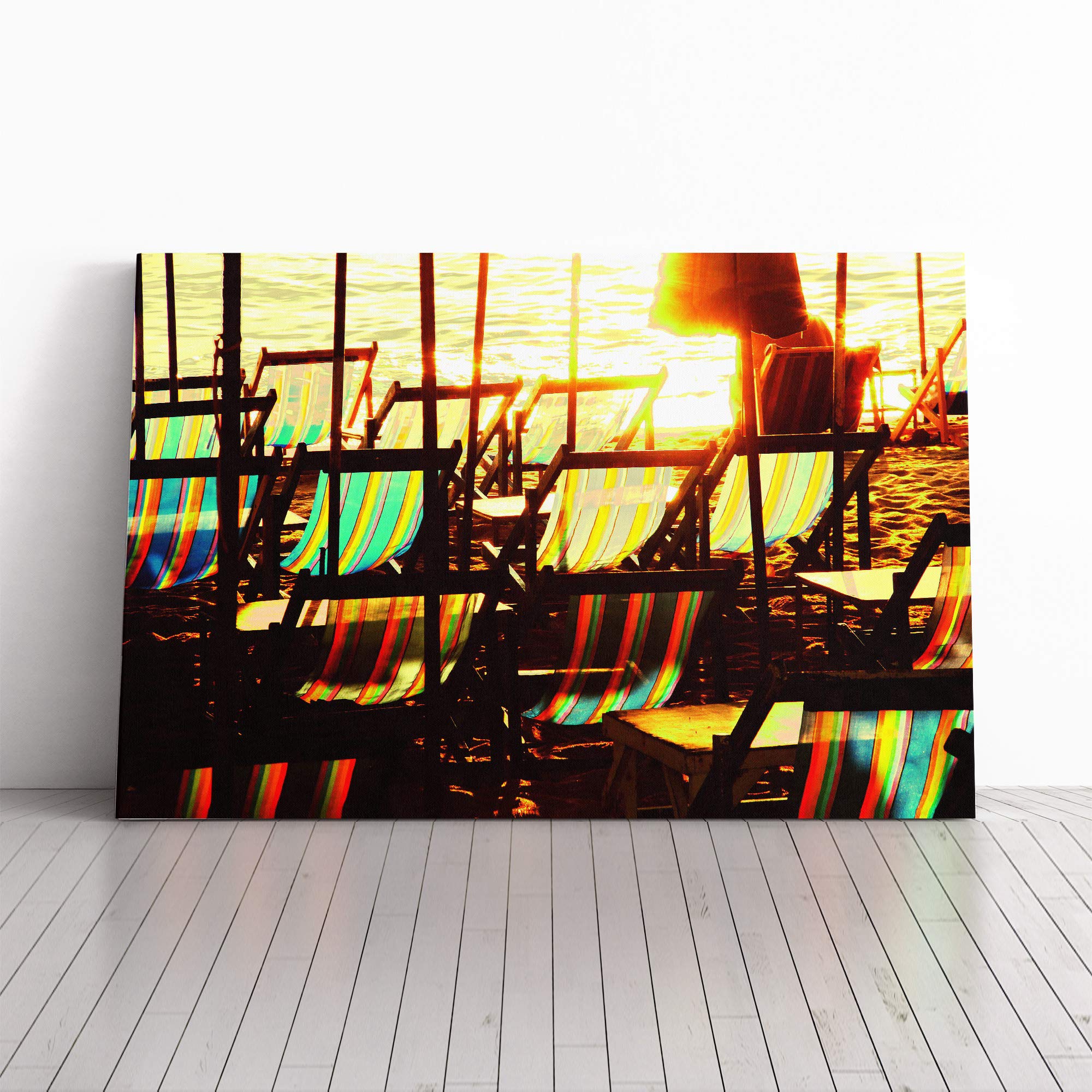 Deckchairs on The Beach Canvas Print | Gallery Wrapped 30mm Frame Wall Art | 30x20 inches | Ready to Hang | Modern Seascape Picture | Living Room Bedroom Lounge Office