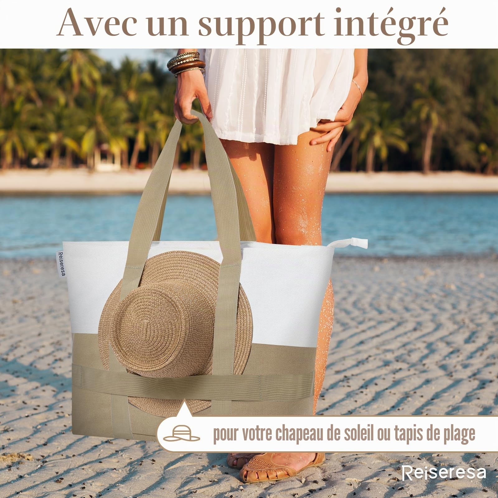 Grand sac de plage pour femme avec fermeture éclair et sangle porte-chapeau, sac de natation imperméable