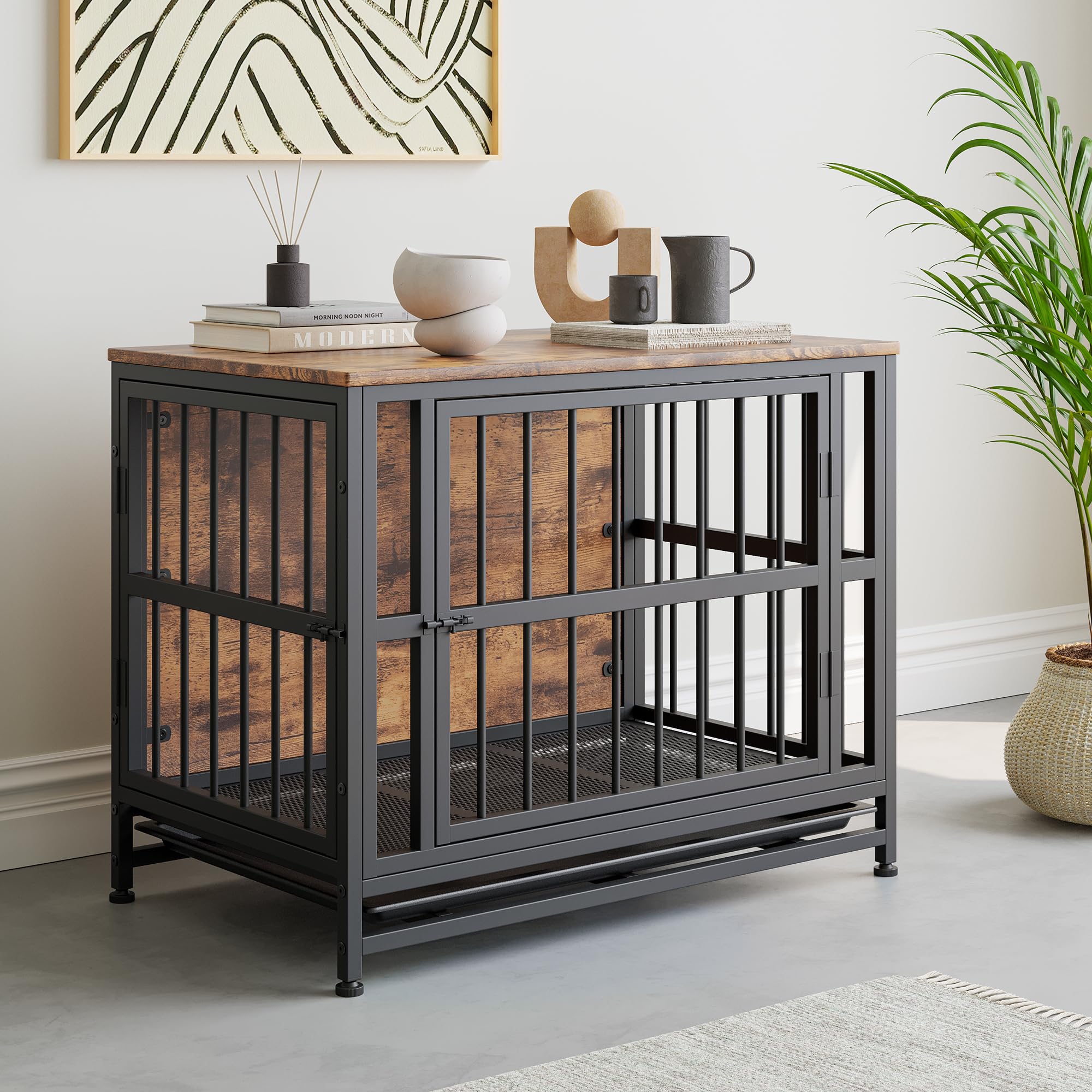 32.68" Wooden Dog Crate Furniture,Large Dog Kennel Indoor,Heavy Duty Dog Cage for Medium/Large Dogs,Dog House with 2 Doors Removable Tray,Side End Table,Chew-Resistant,Rustic Brown