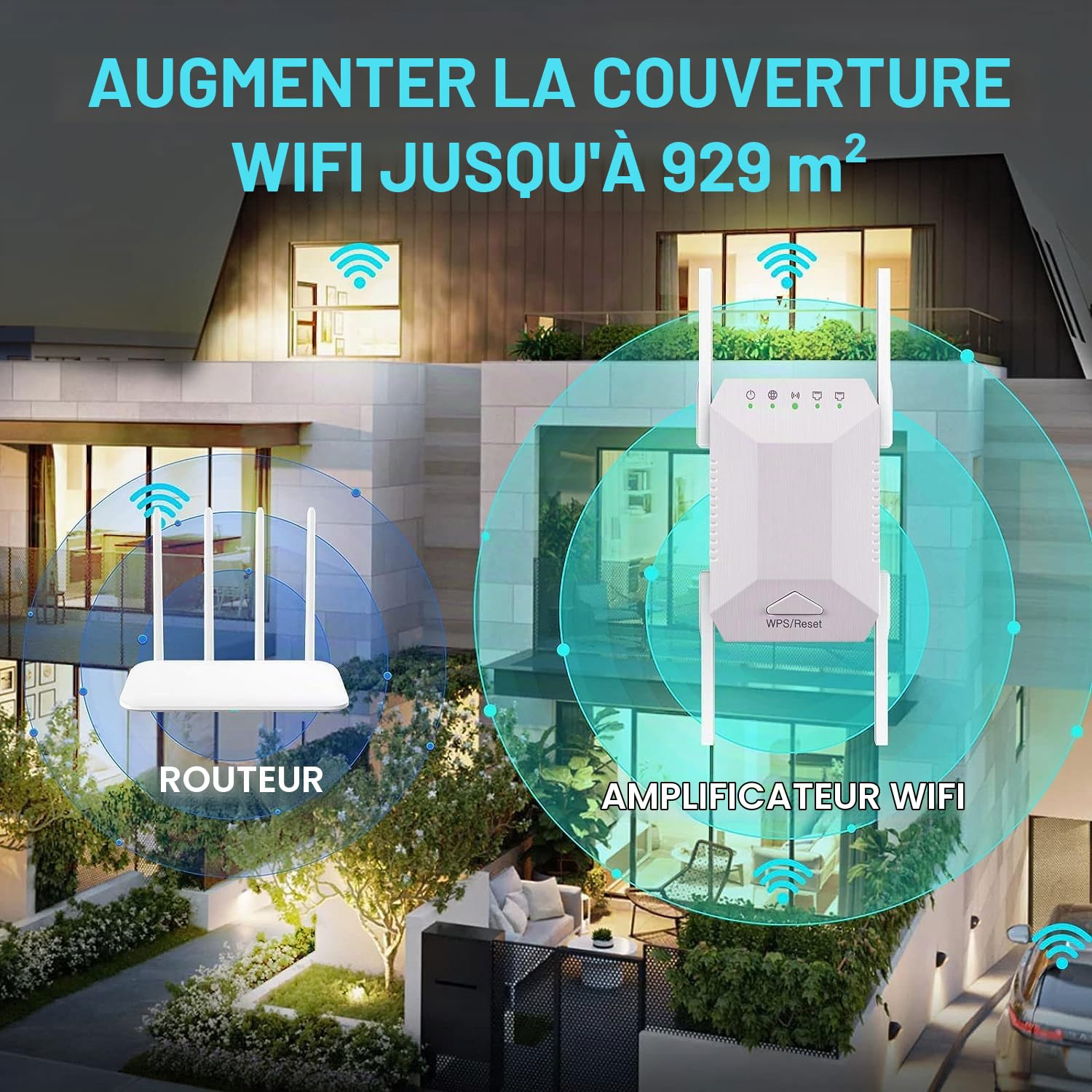 Répéteur WiFi, Home Internet Wireless Extender, 4 Antennes, Couverture Plus Large, Amplificateur de Signal WiFi avec,Port Ethernet, Compatible avec La Plupart des Appareils