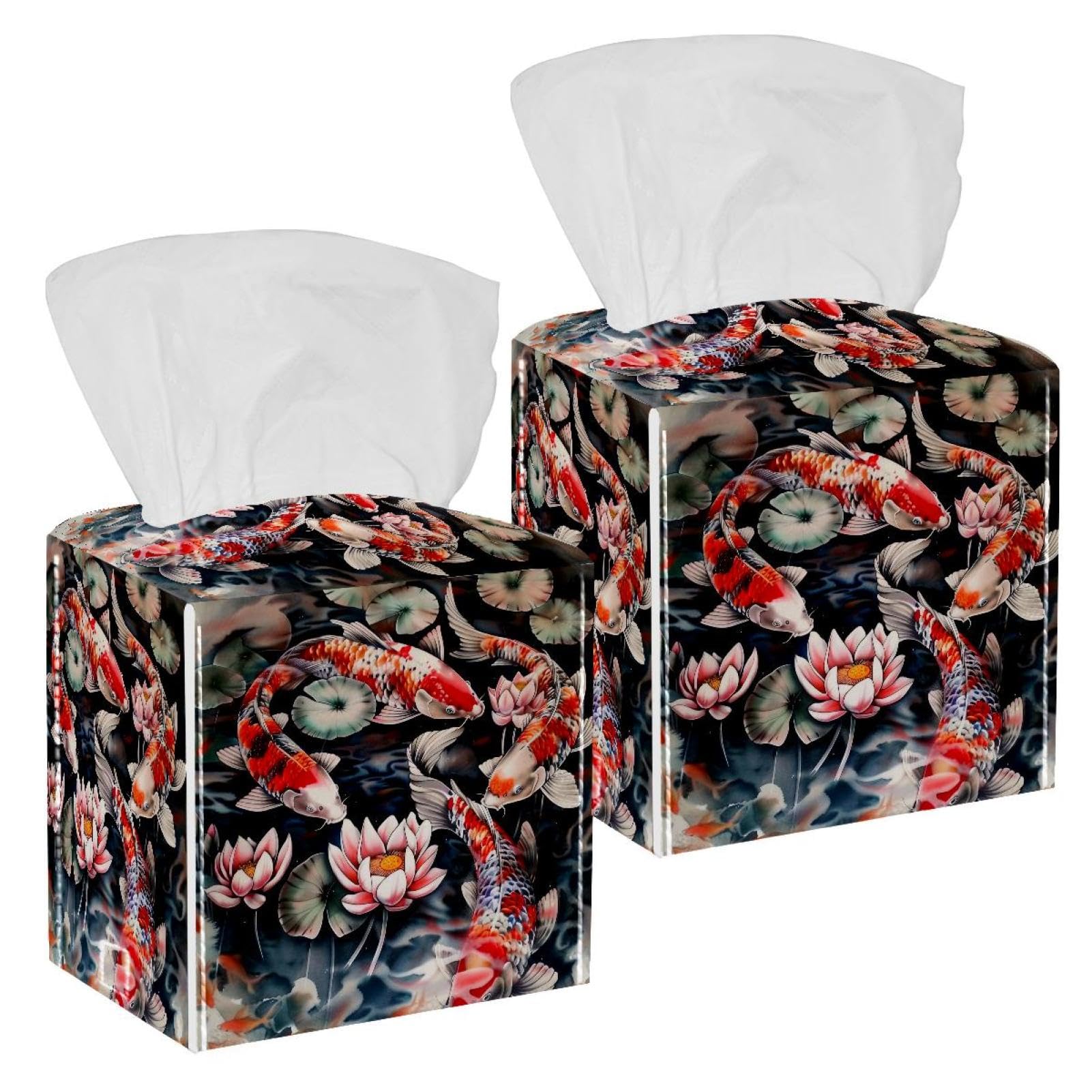 Koi Fish Lotus Art Painting Tissue Box Cover, 2 Pack PU Leather Square Facial Tissue Dispenser Box holder for Home Office Car