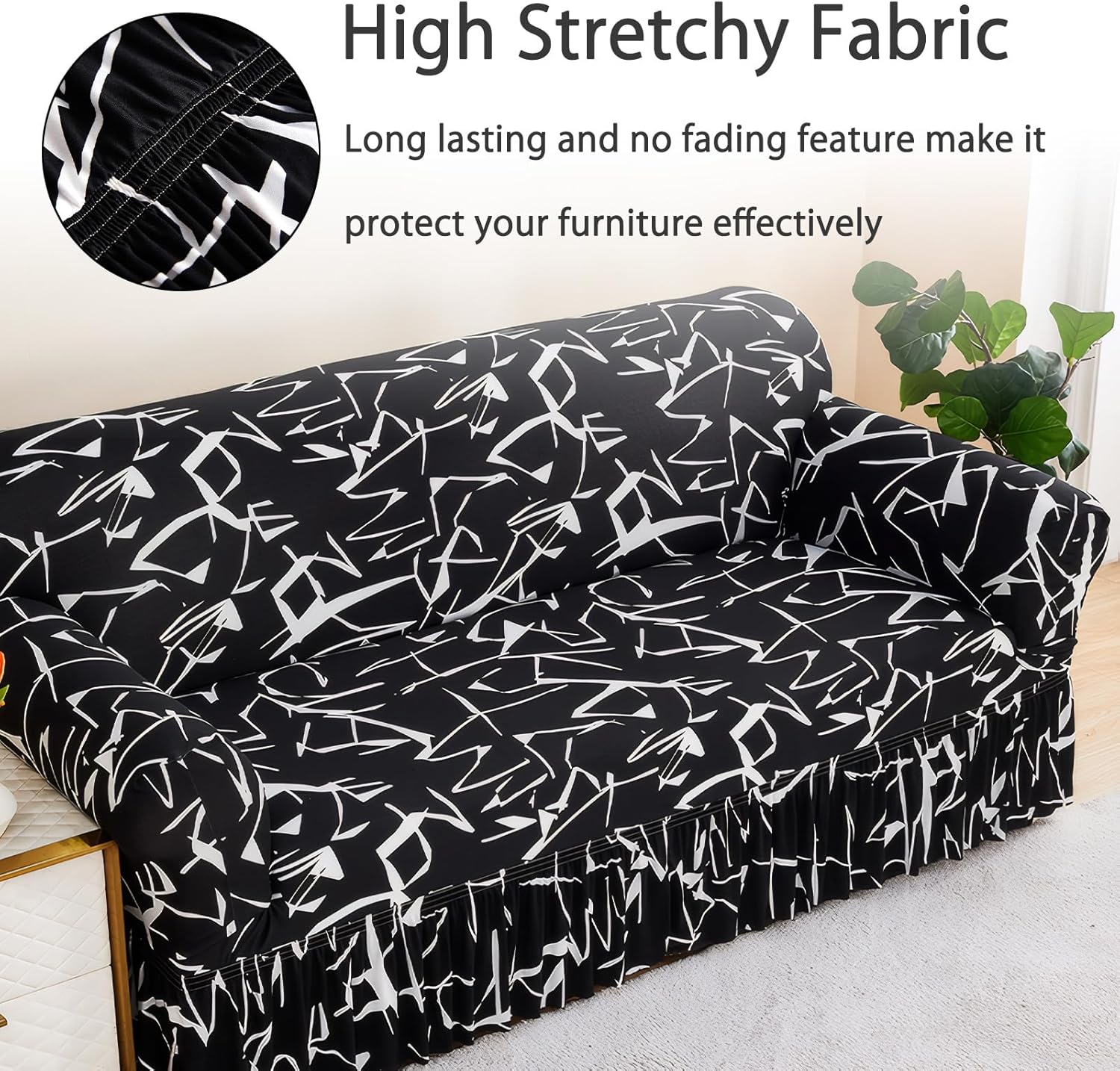 Printed Armchair Protector Single Sofa Slipcover with Skirt Printed Non-Slip Couch Cover Stretch Furniture Covers for Living Room Black Abstract(35”-55”)