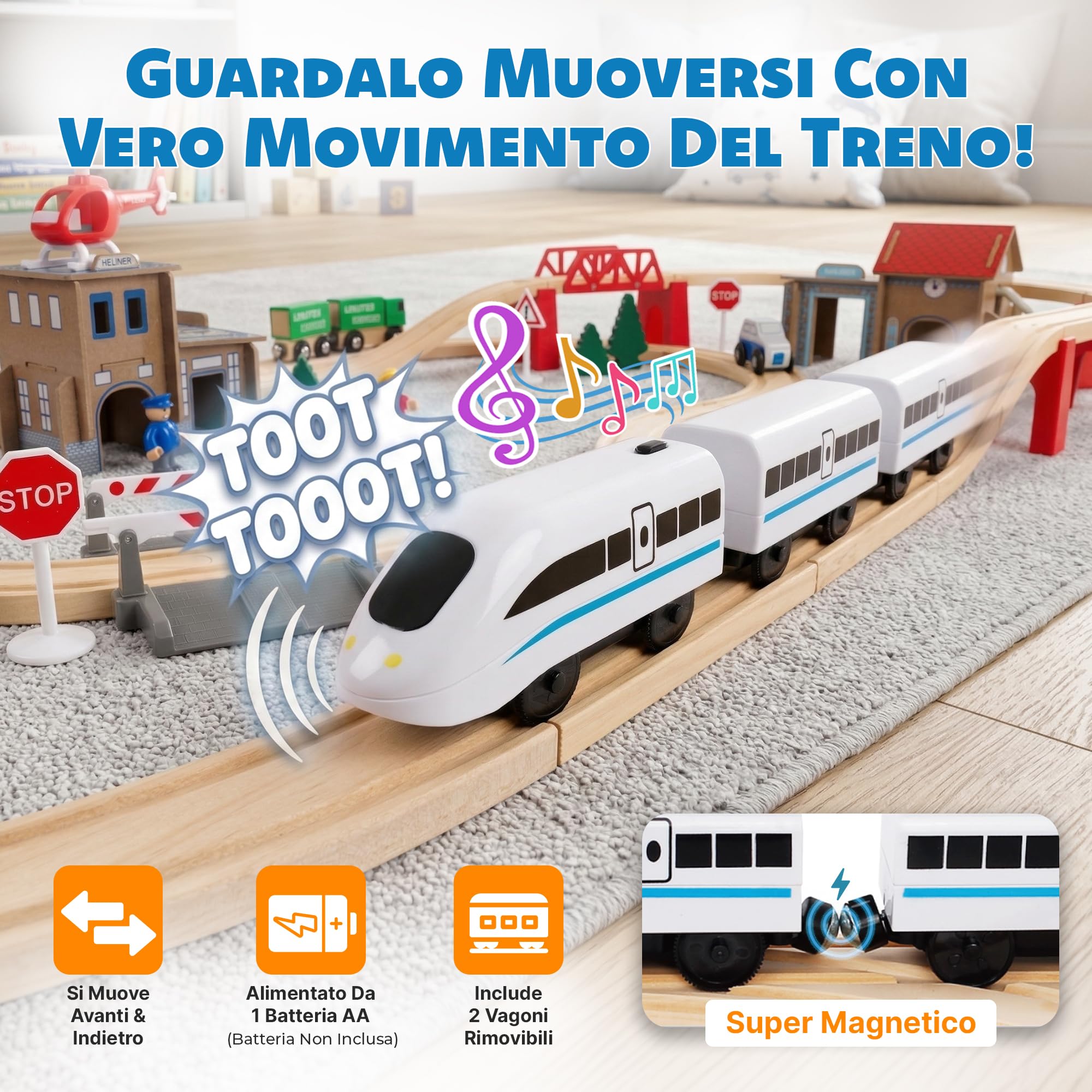 Green Series Pista Treno in Legno con Treno a Batteria – Set Stazione di Polizia 80 Pezzi – Compatibile con IKEA – Per Bambini 3+ – Tracciato 100x67 cm, 378 cm
