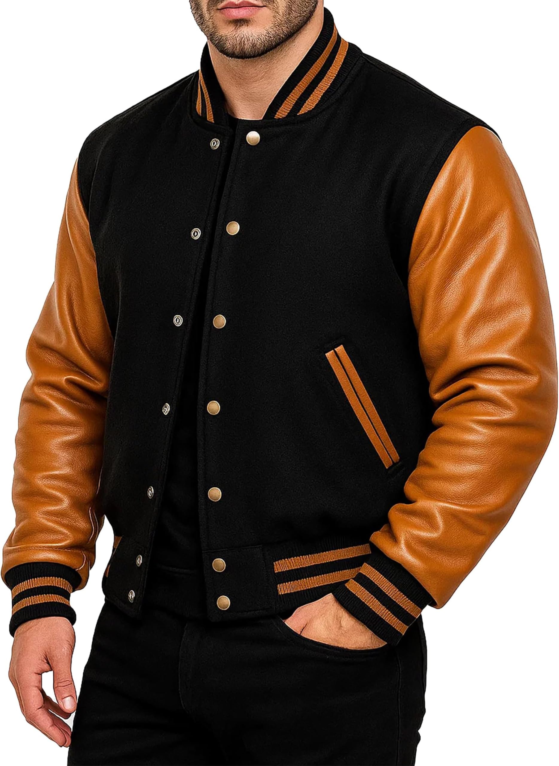 Men Varsity Jacket College Baseball Letterman Wool Jacket Leather Sleeves