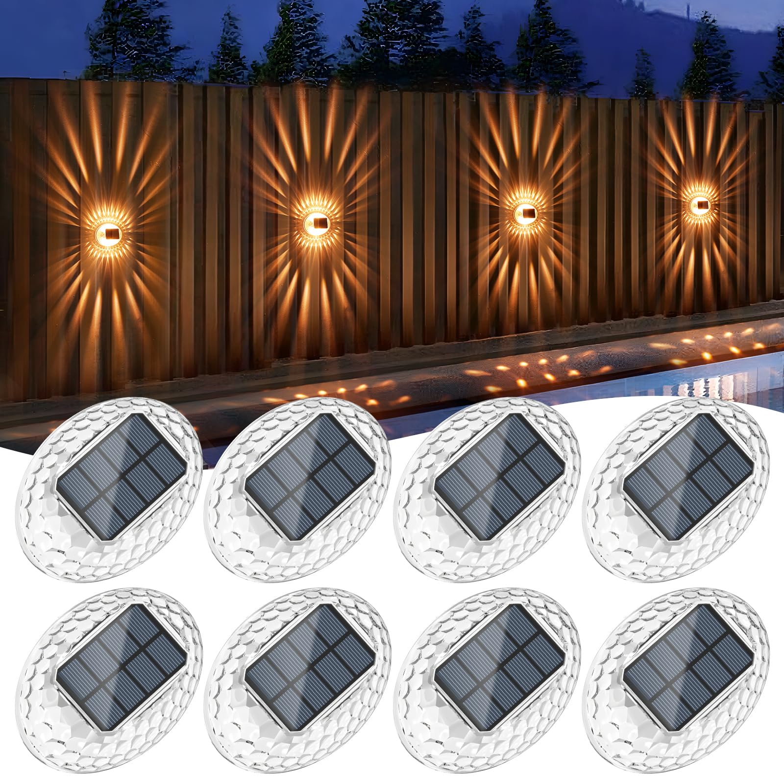 Quntis 8er Set Solar Wandleuchte Außen 360° Beleuchtung Warmweiß | IP44 Wasserdichte Solarlampen Garten-Deko Außenleuchte für Zaun Balkon Terrasse Mauer Treppe Solarleuchte Zaunbeleuchtung